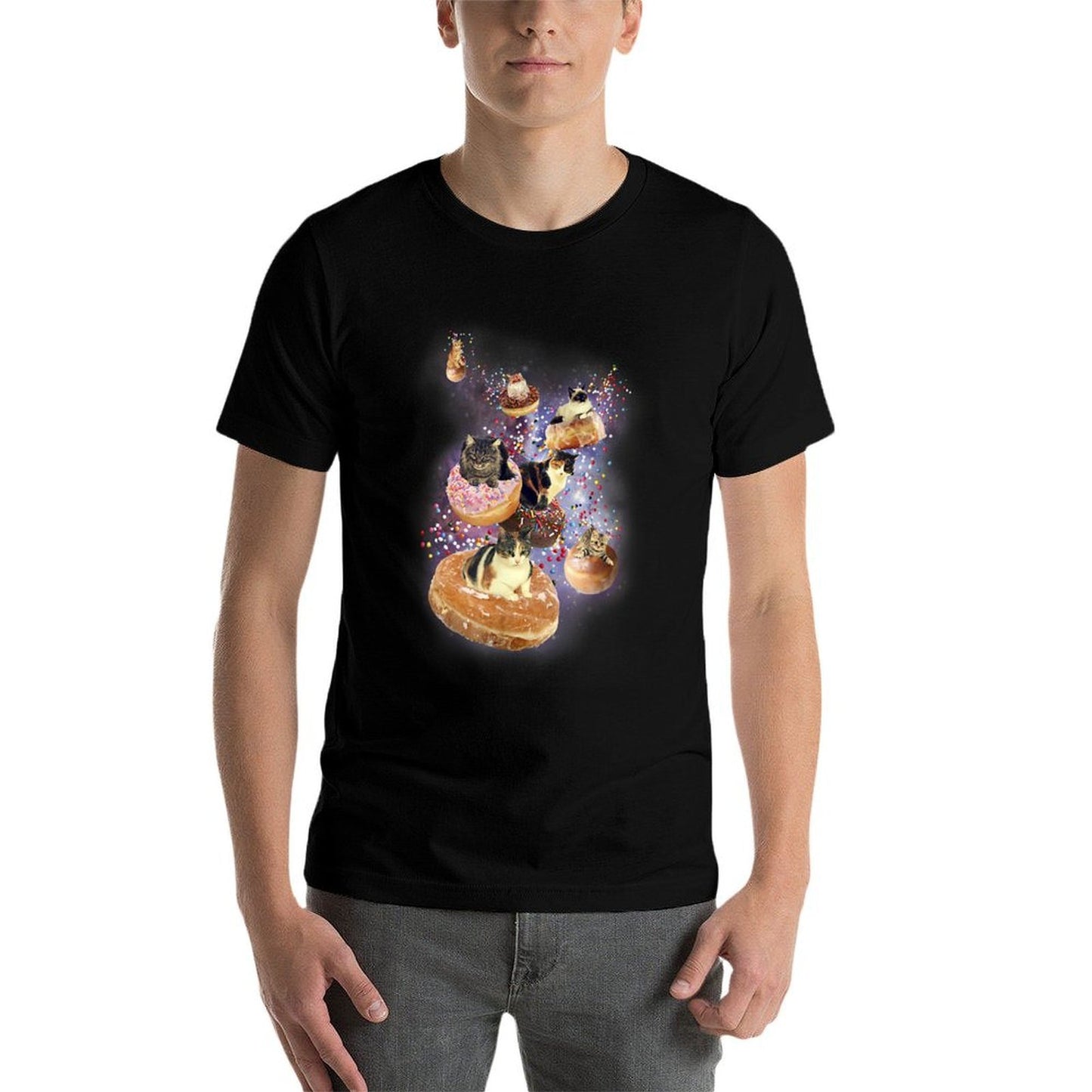 Trendy Cats Flying On Donuts In Space Trendy Pattern T-Shirt