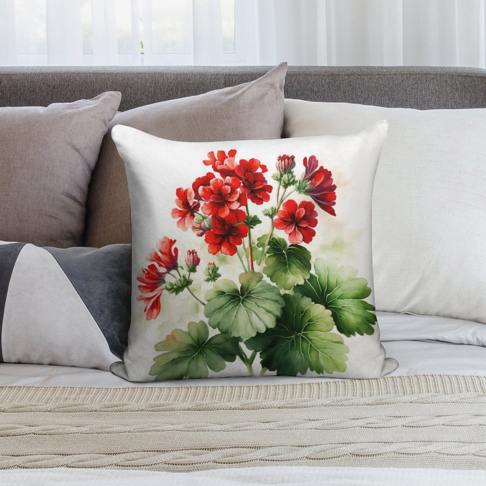 Red Geranium Flowers Soft Home Decor Throw Pillow