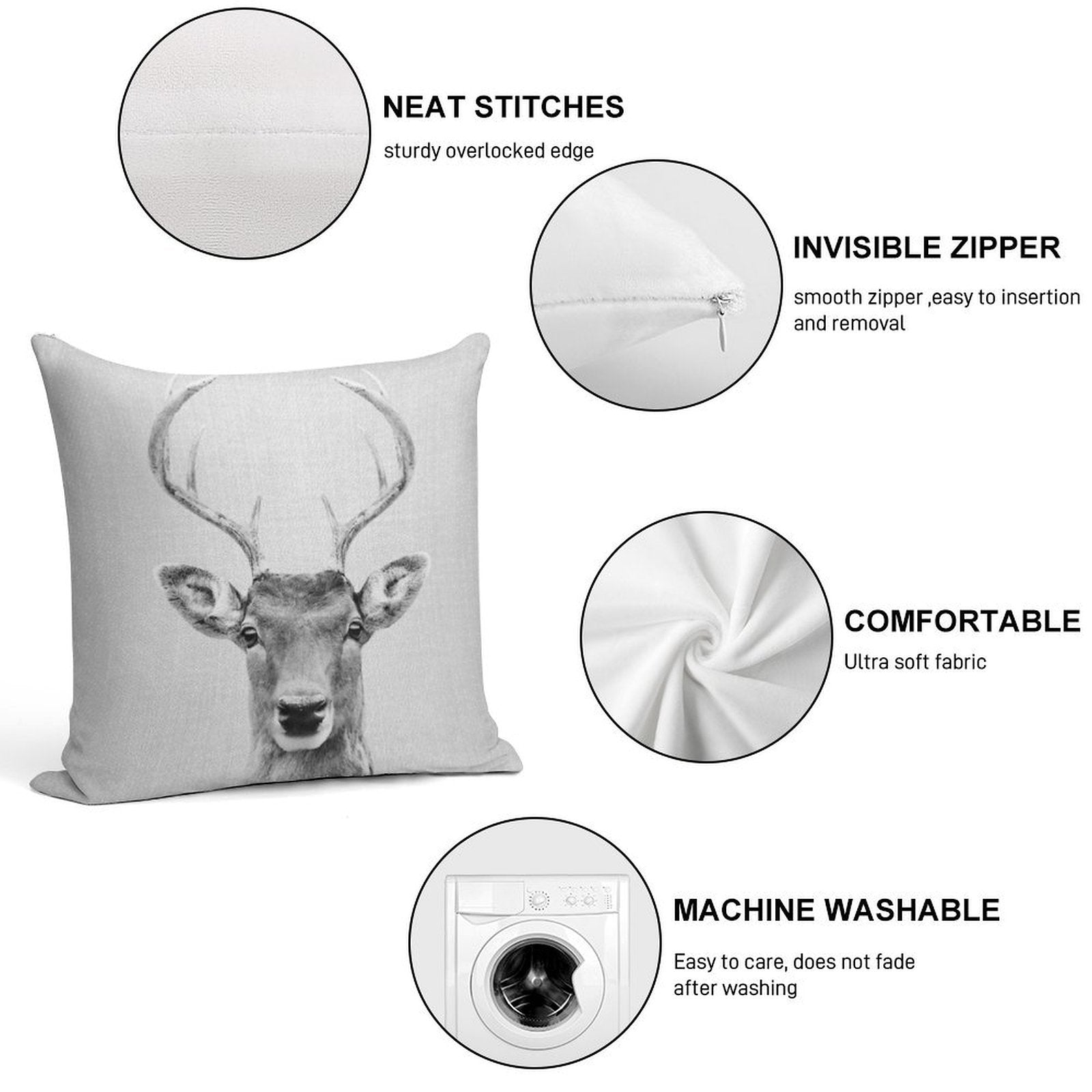 Deer 2 - Black & White Soft Washable Throw Pillow