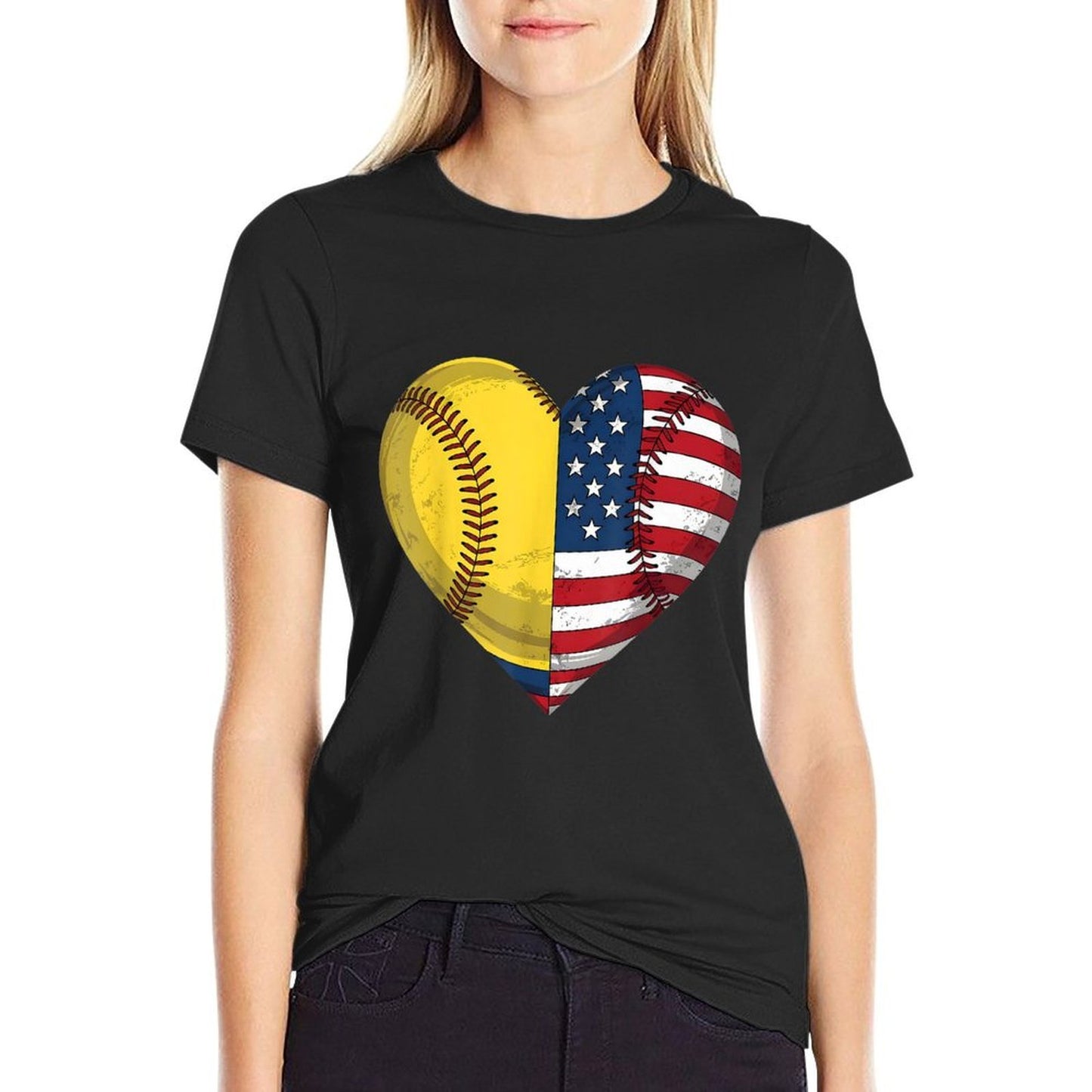 Softball Heart American 4th Of July for Womenn Girl Summer-ready Fabric T-Shirt