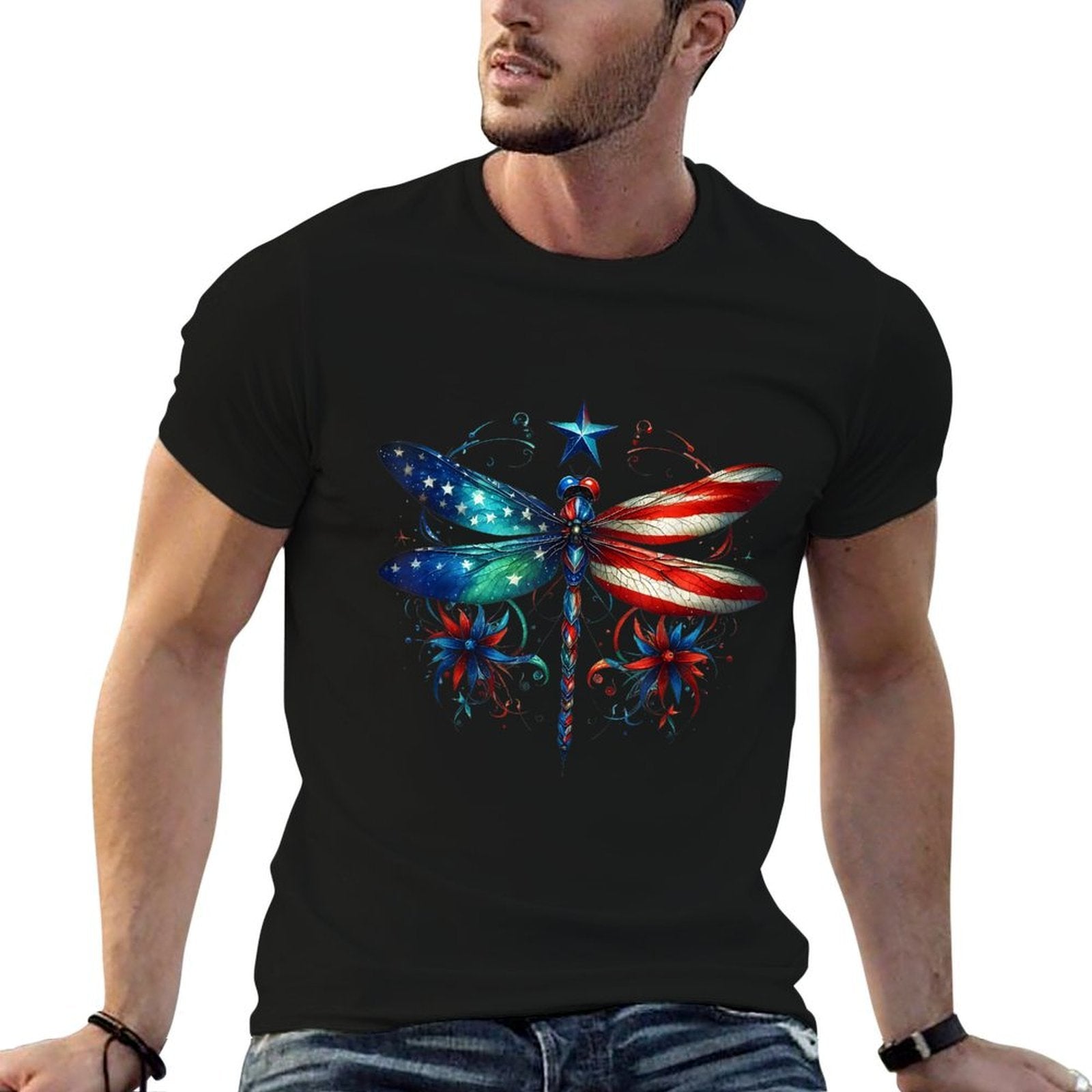 American Dragonfly Patriotic 4th of July Red White Blue  Oversized Silhouette T-Shirt