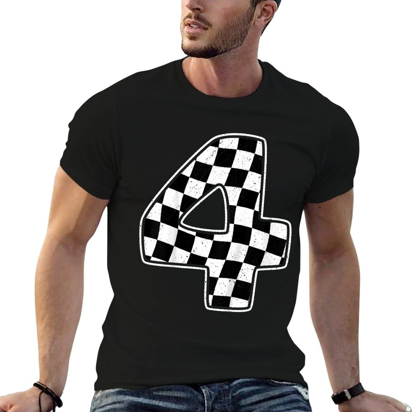 4th Birthday Checkered Number 4 Car Racing  Summer-ready Fabric T-Shirt
