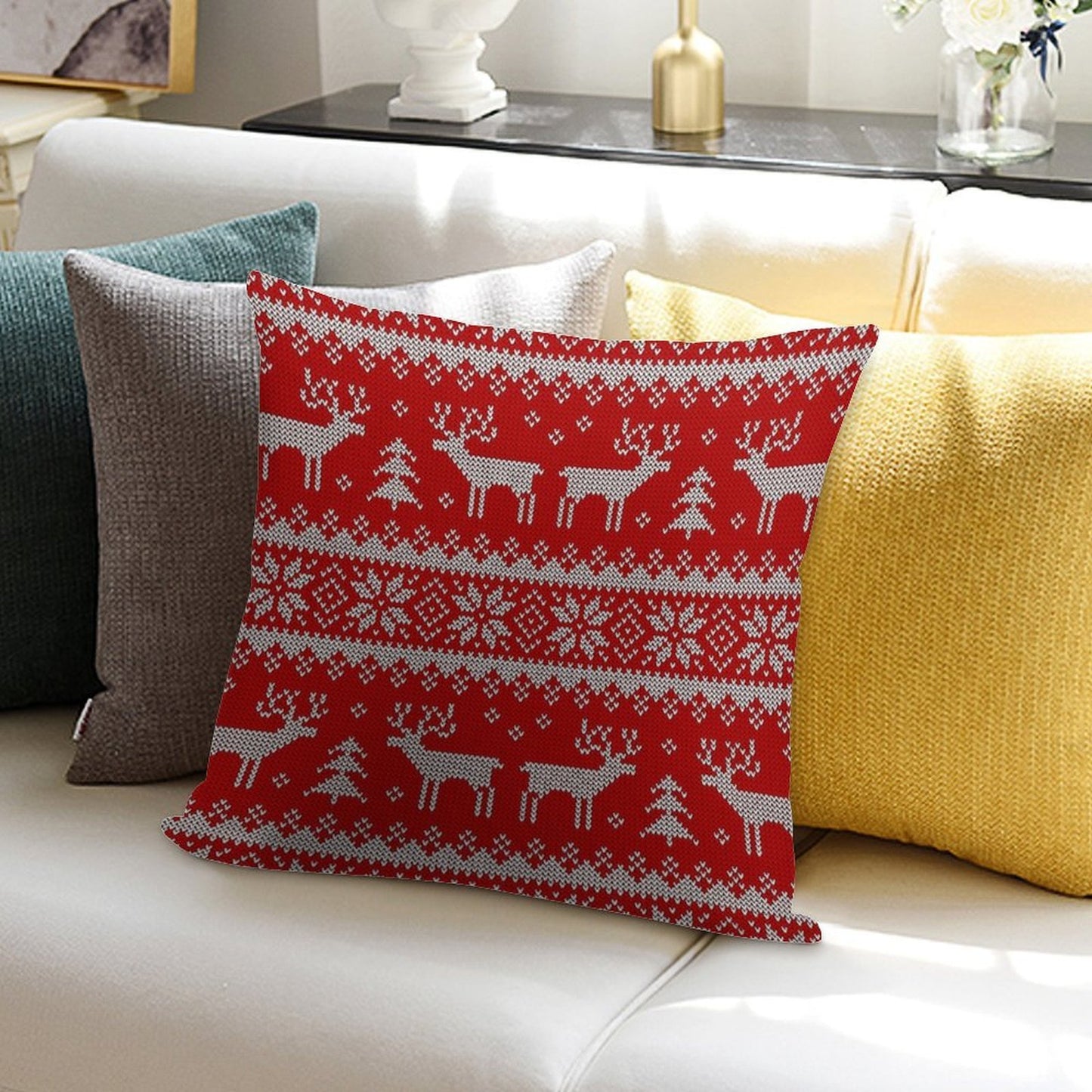 Scandinavian Ornament with Deers. Soft Reinforced Edging Throw Pillow