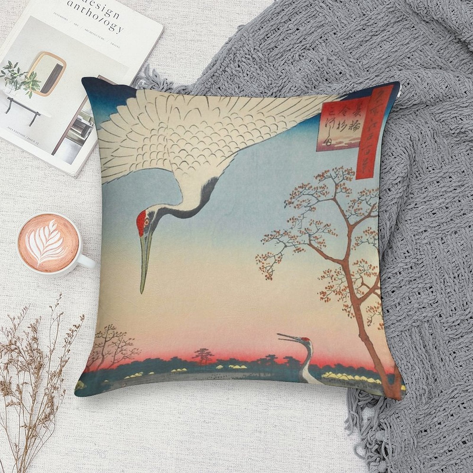 Red-crowned Crane Vintage Ukiyo-e Japanese Art Soft Short Plush Fabric Throw Pillow