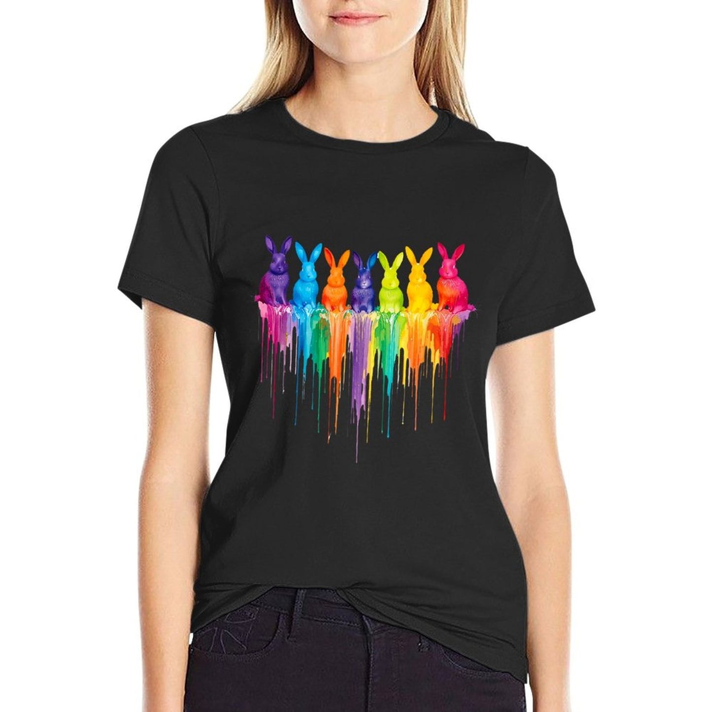 Vibrant Rainbow Bunnies Dripping Colors Easter  Lightweight T-Shirt