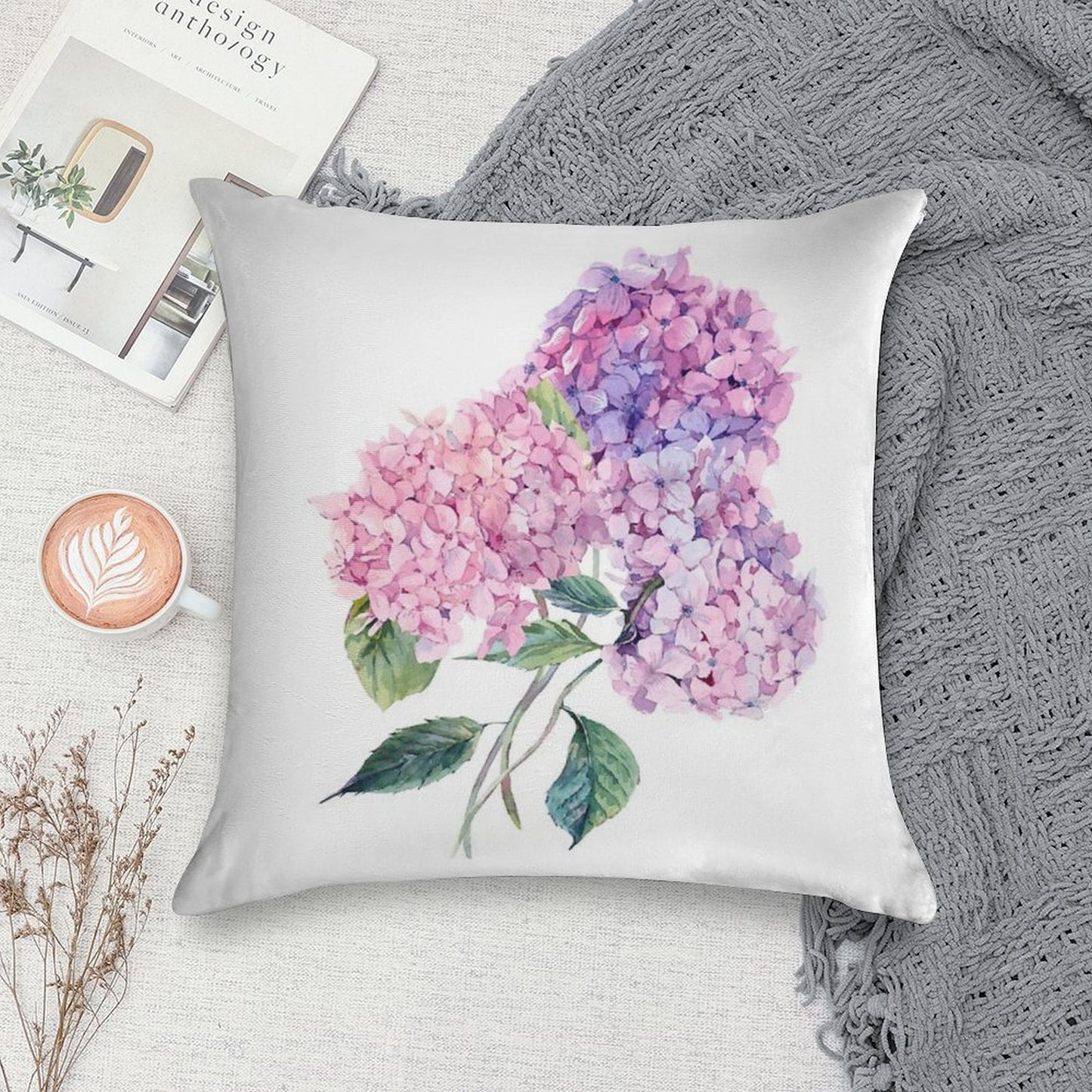 Watercolor Branch of Blooming Hydrangeas Soft Reinforced Edging Throw Pillow