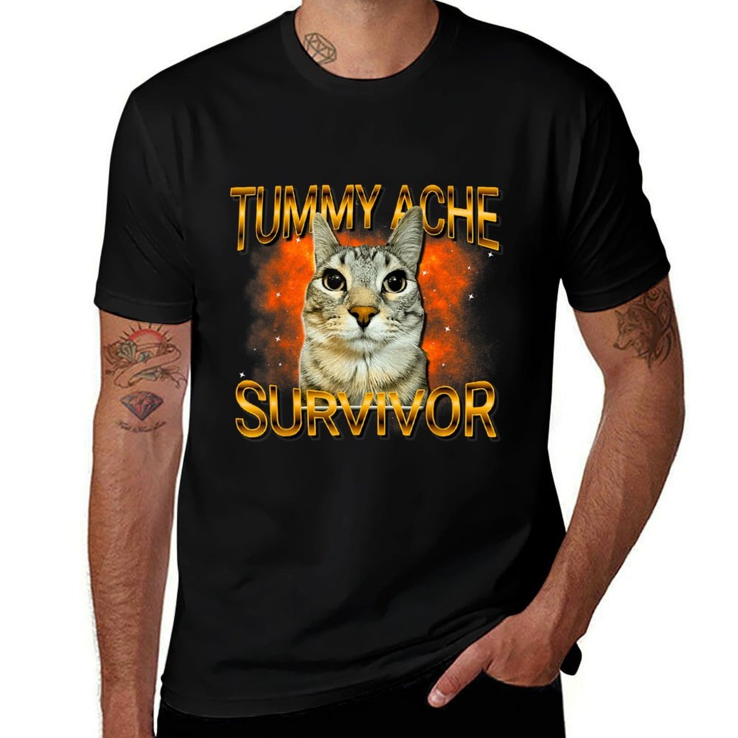 Tummy Ache Survivor Cat Meme Funny Saying Cats Animals Rolled Sleeves T-Shirt