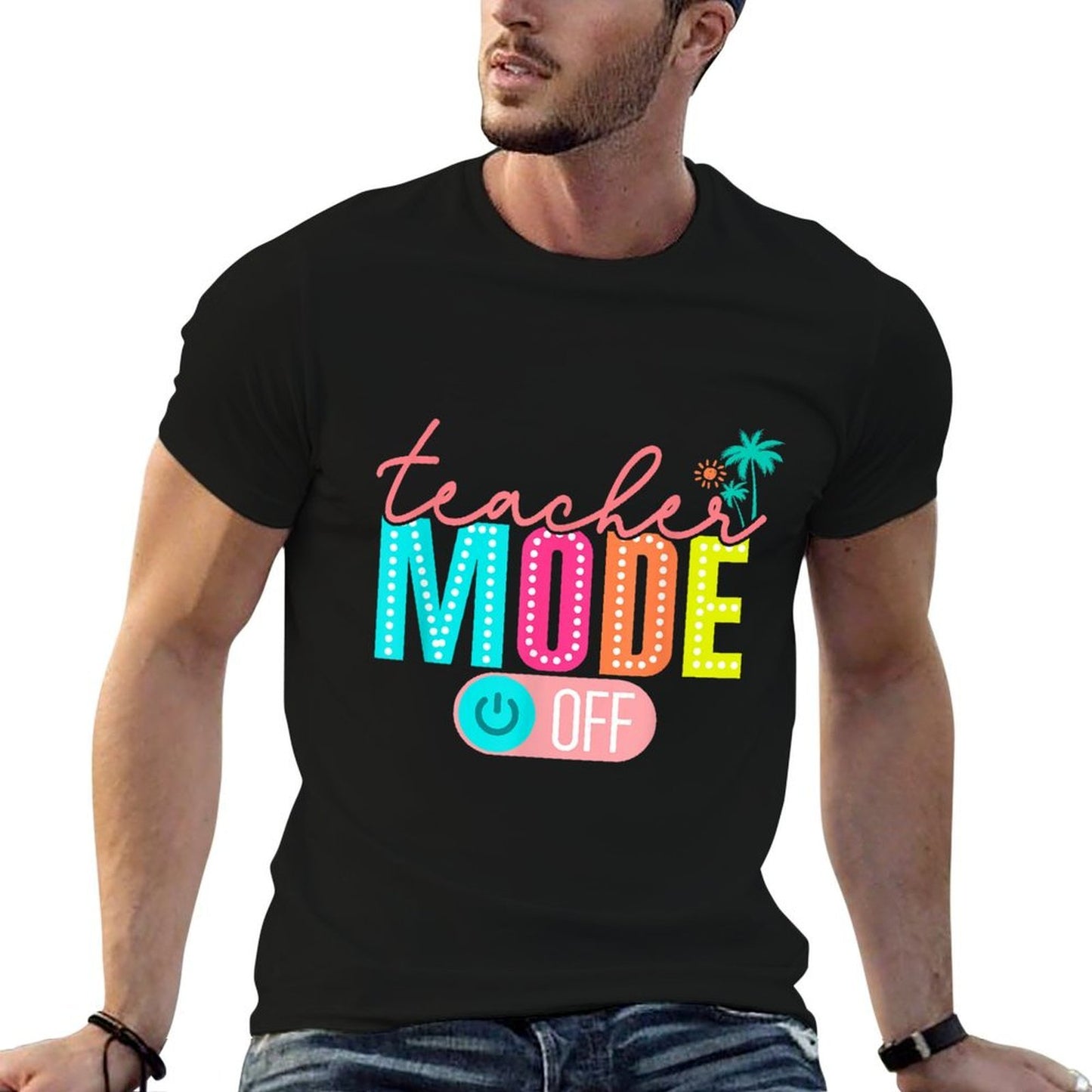 Retro Teacher Mode Off Happy Last Day Of School Hello Summer  Ribbed Collar T-Shirt