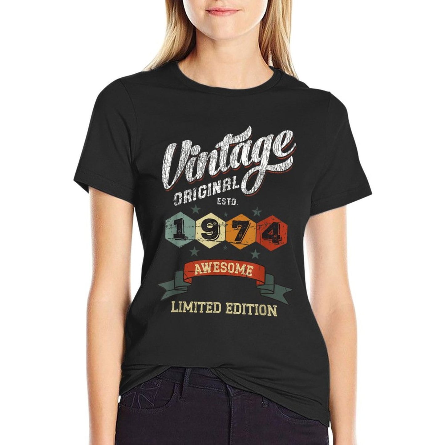 Vintage 50 Year Old Bday Original 1974 Awesome 50th Birthday Ribbed Collar T-Shirt