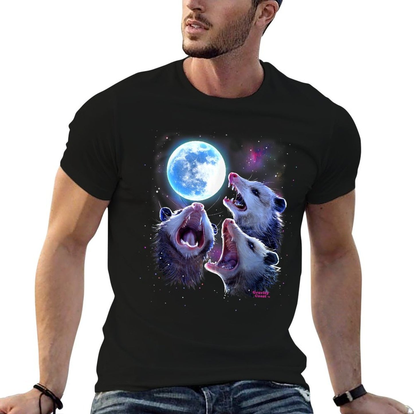 Three Opossums Howling at The Moon Funny Pet Possum Rolled Sleeves T-Shirt