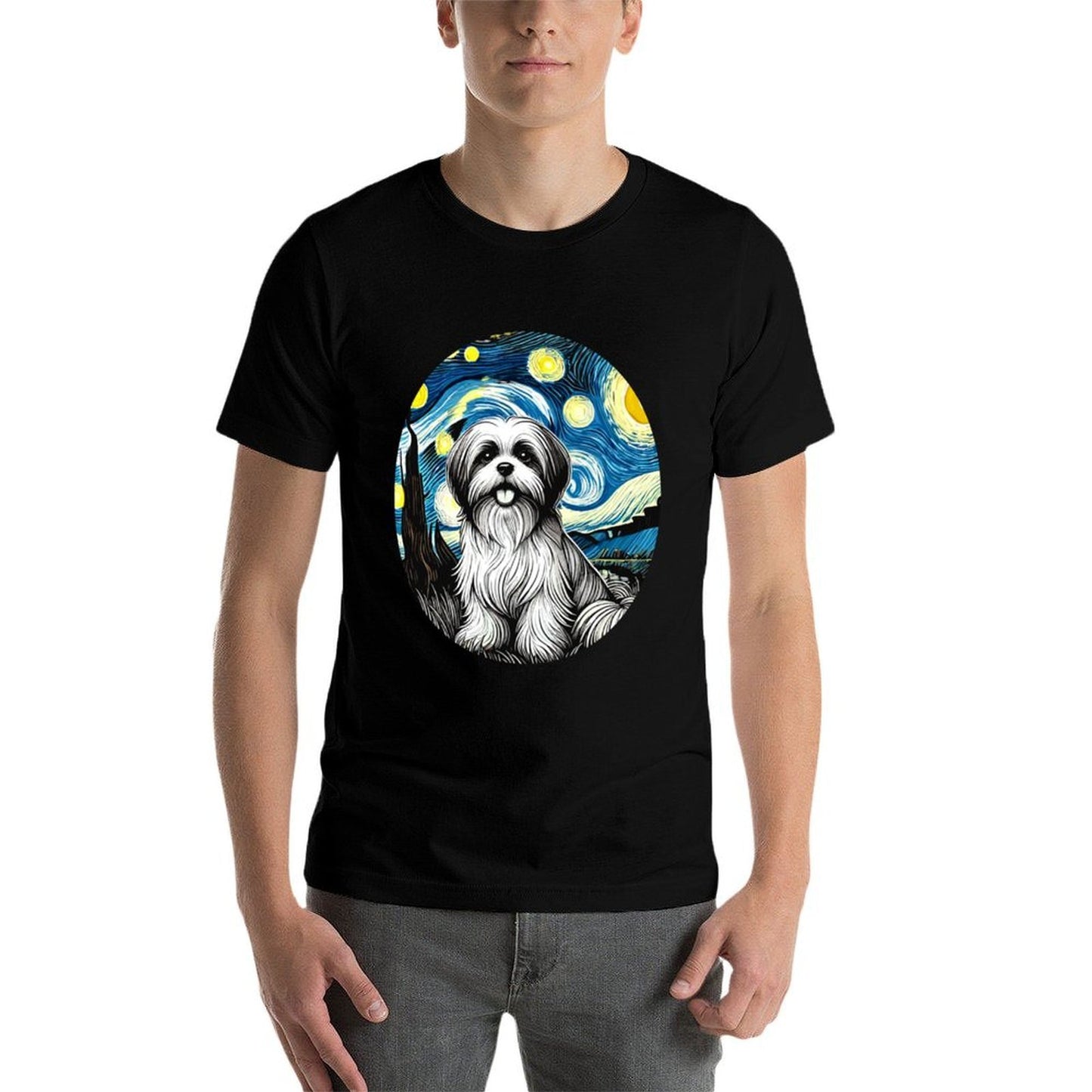 Shih Tzu Dog Mom Dad Cute - Van Gogh Starry Night Style Polyester Blend T-Shirt