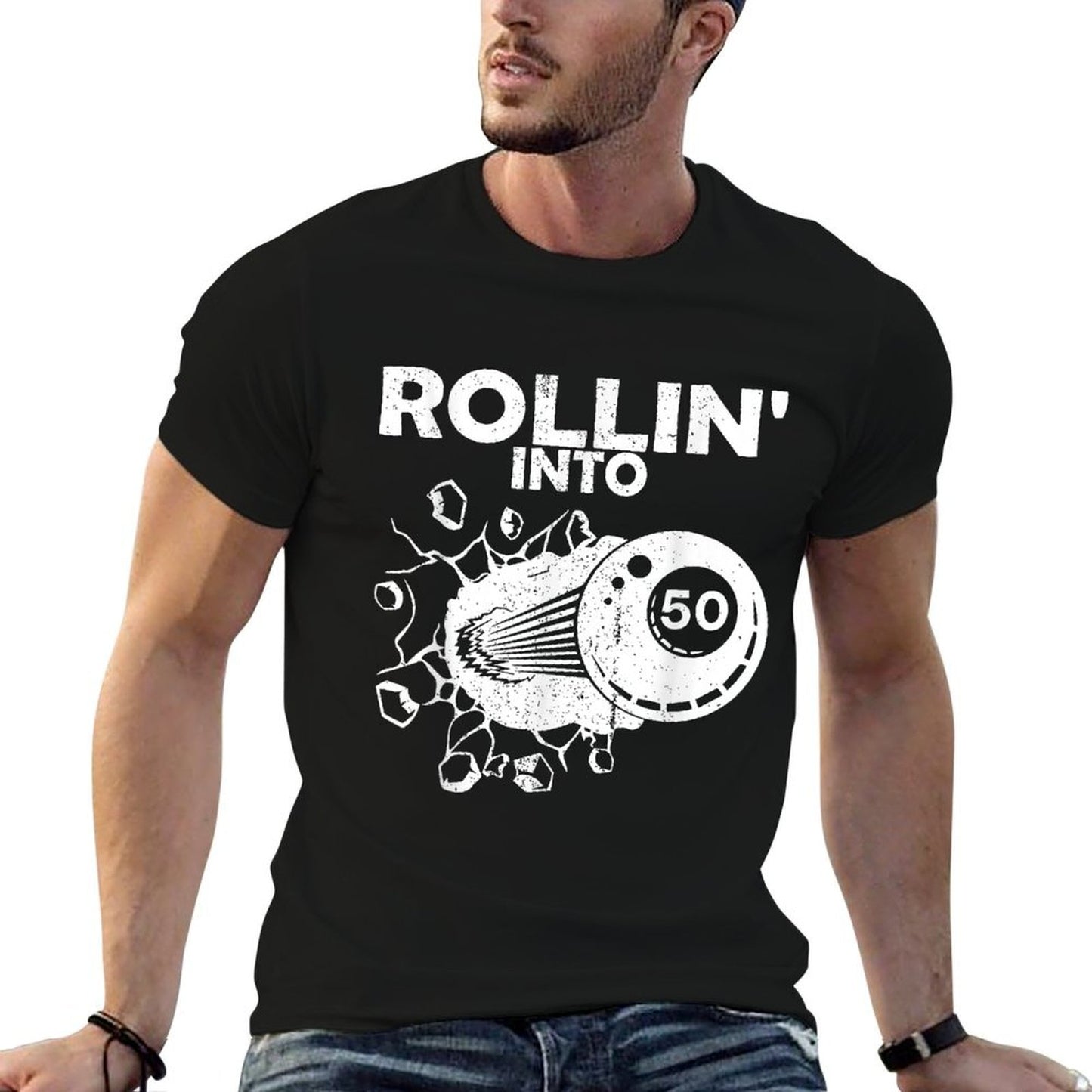 Rollin Into 50 Billiards 50th Birthday Flaming Billiard Ball Ribbed Collar T-Shirt