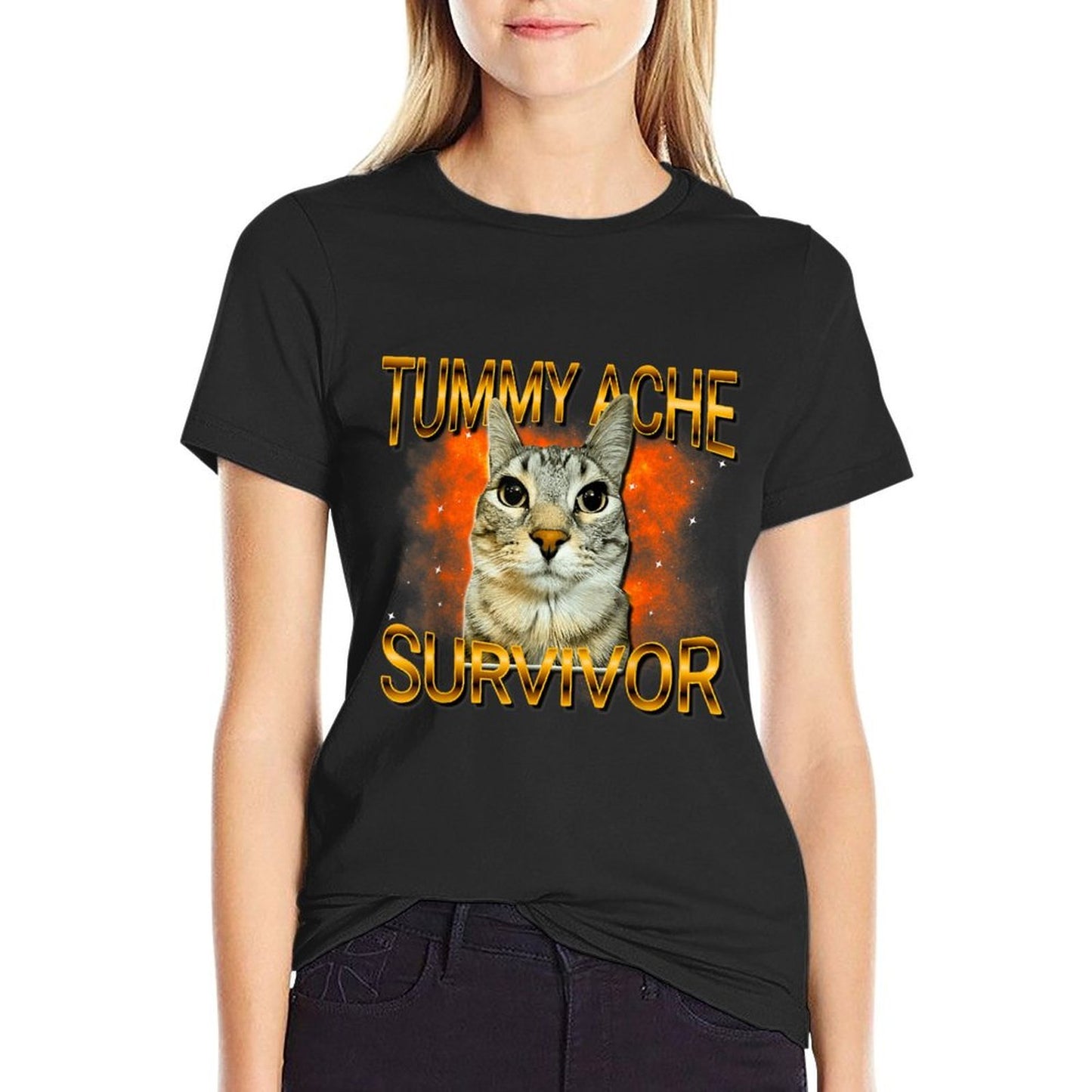 Tummy Ache Survivor Cat Meme Funny Saying Cats Animals Rolled Sleeves T-Shirt