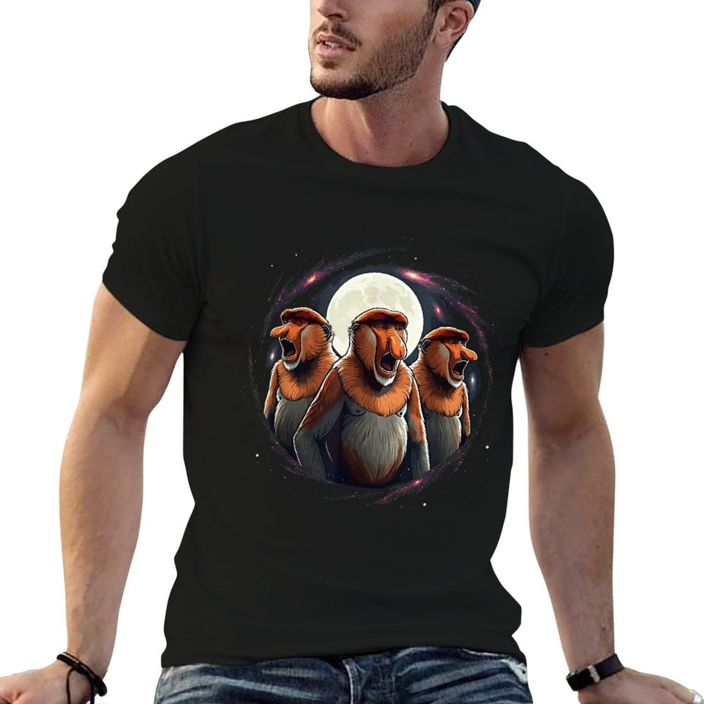 3 Proboscis Monkeys Moon Howling Funny Meme Men Women Kids Relaxed-fit T-Shirt