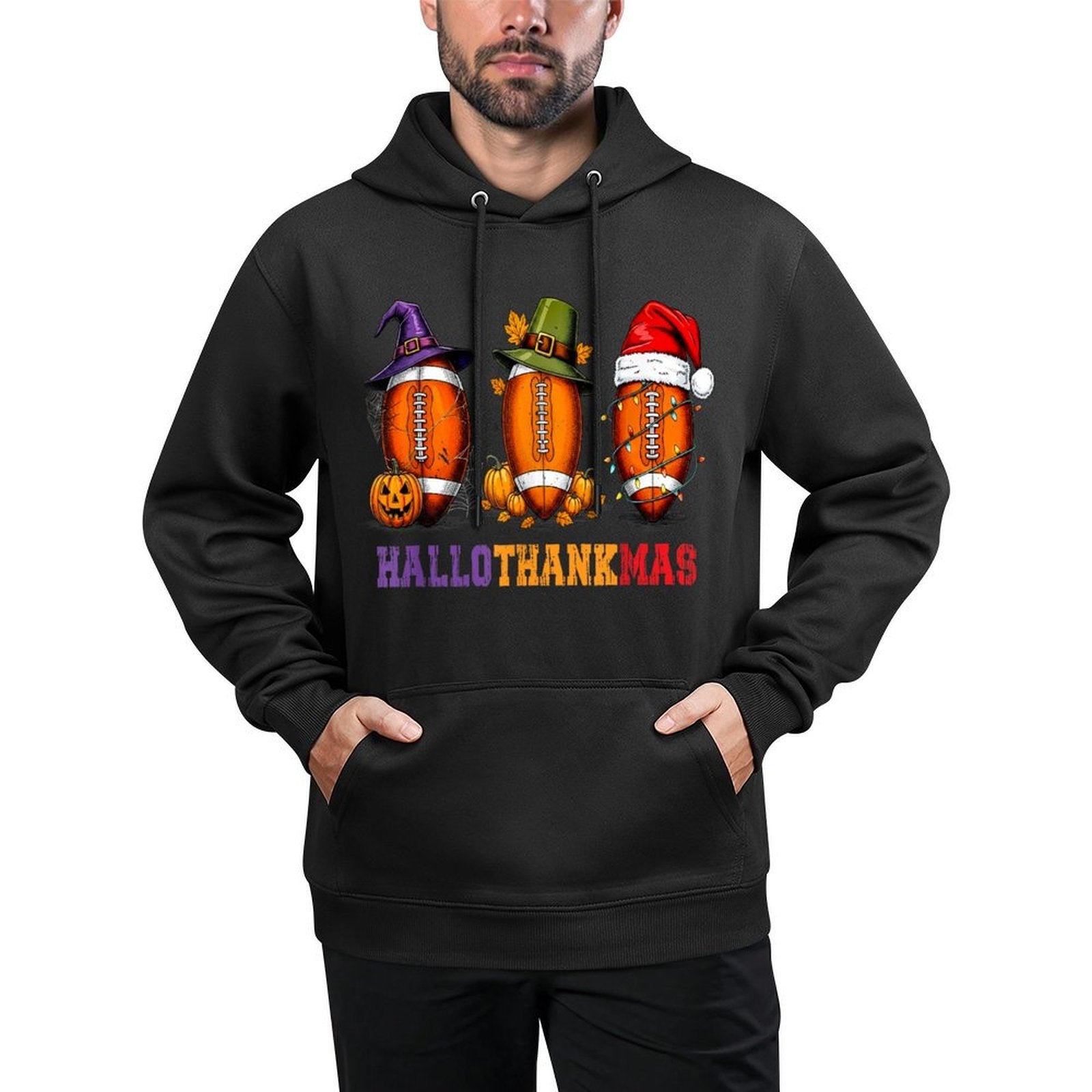 Funny HalloThankMas Football Halloween Thanksgiving Xmas Colorfast Hoodie