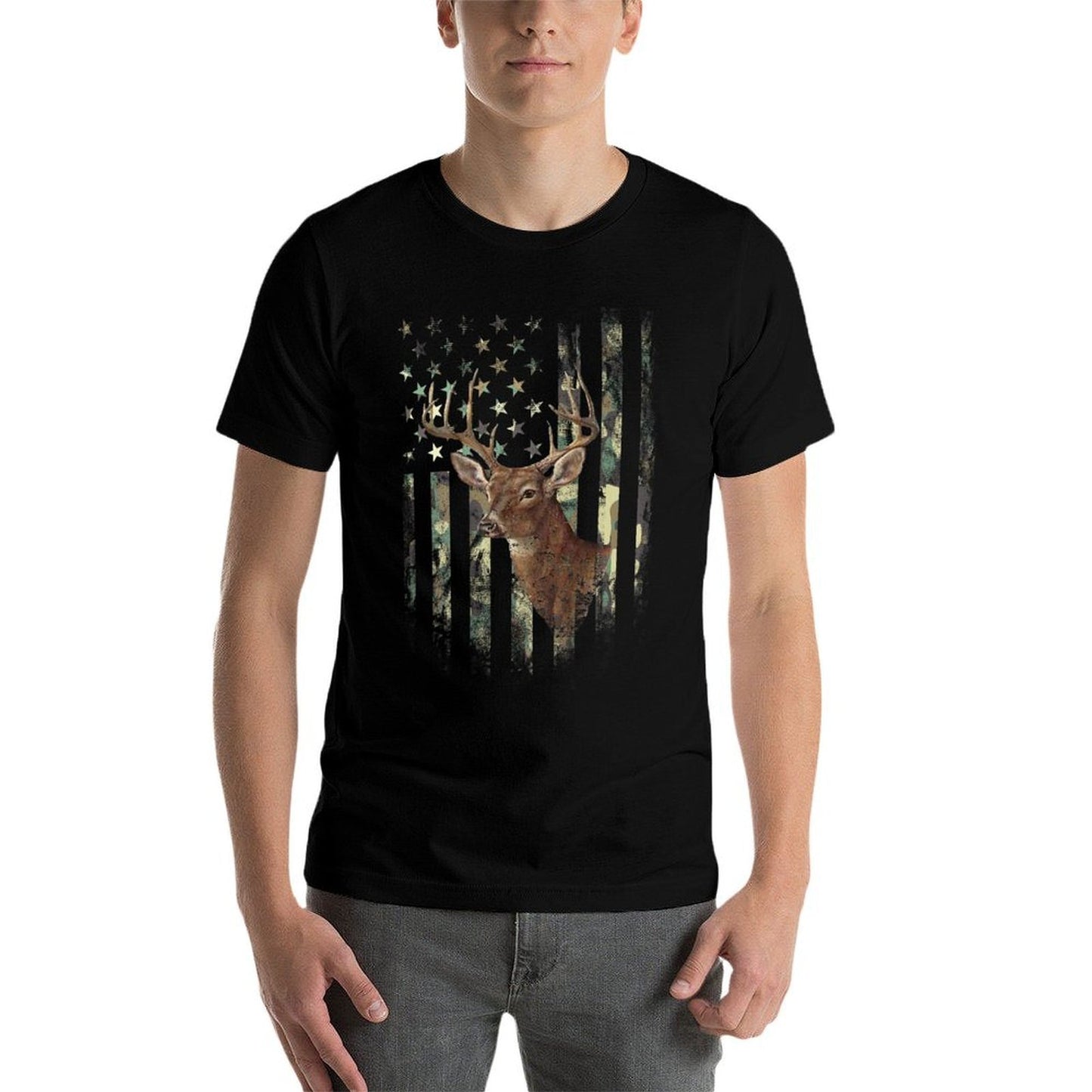 (Art on Back) American Deer Hunting Camo Women Kids Men Durable T-Shirt