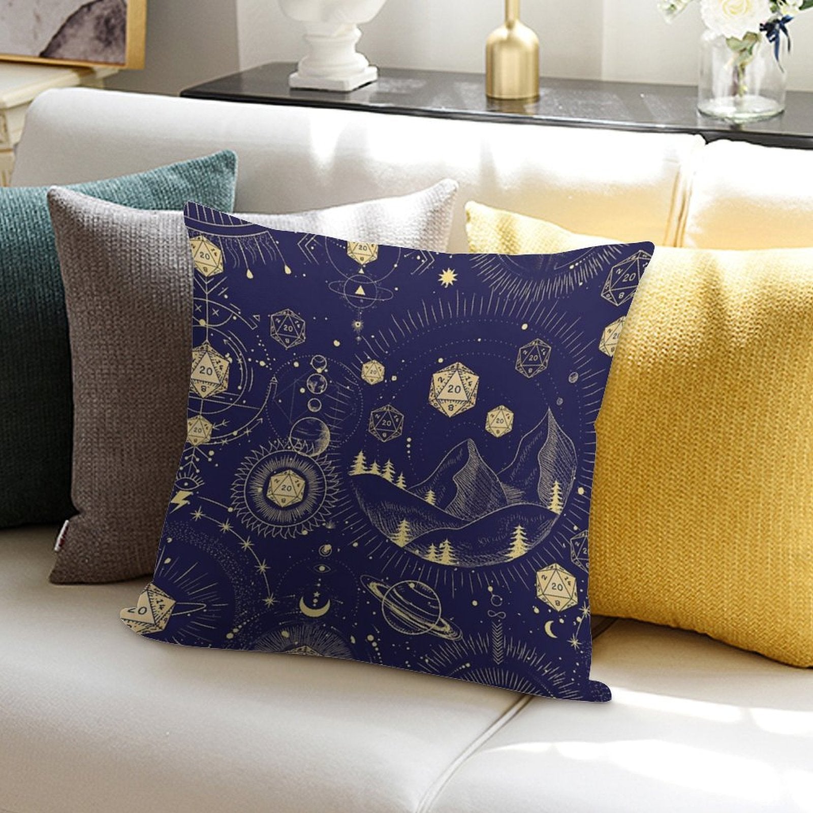 DND CELESTIAL DICE, D20 Stars Constellations Pattern Night Sky Soft Reinforced Edging Throw Pillow