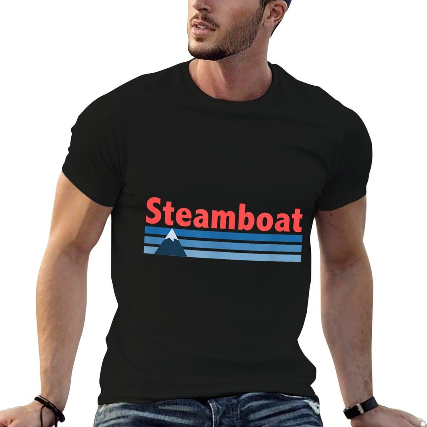 Retro Style Mountain - Steamboat Springs Colorado  Ribbed Collar T-Shirt