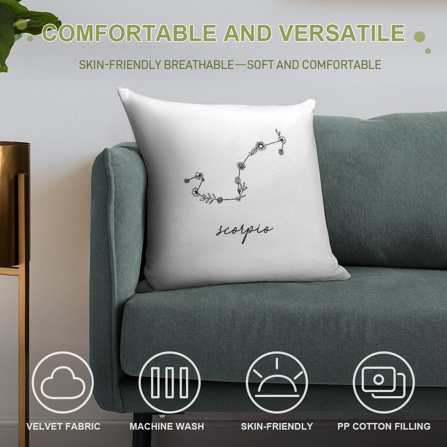 Scorpio Zodiac Wildflower Constellation Soft Washable Throw Pillow
