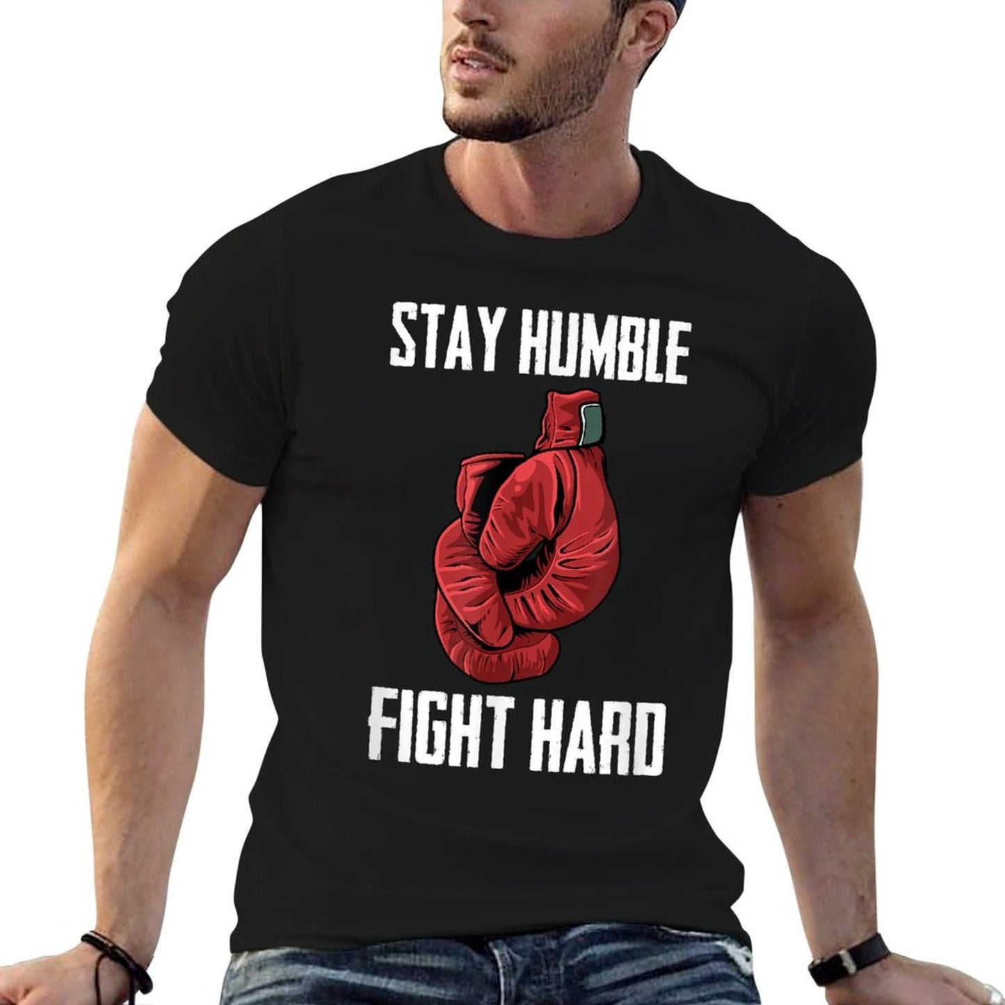 Stay Humble Fight Hard Boxing Gloves - Boxer Ribbed Collar T-Shirt