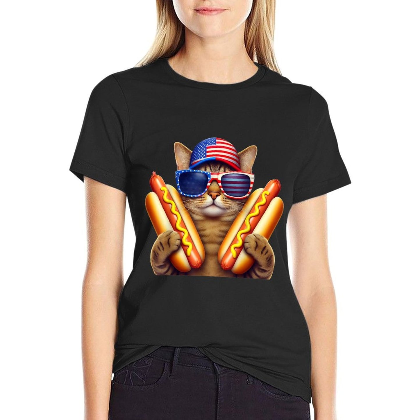 4th of July Hotdog Cat Funny Patriotic Cat USA Wiener  Polyester Blend T-Shirt