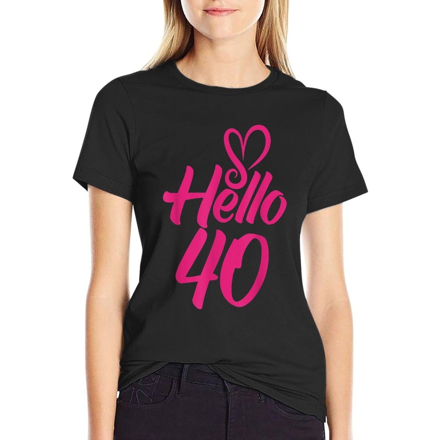 40th Birthday Tshirt Hello Forty 40th Big Pink Heart  Summer-ready Fabric T-Shirt