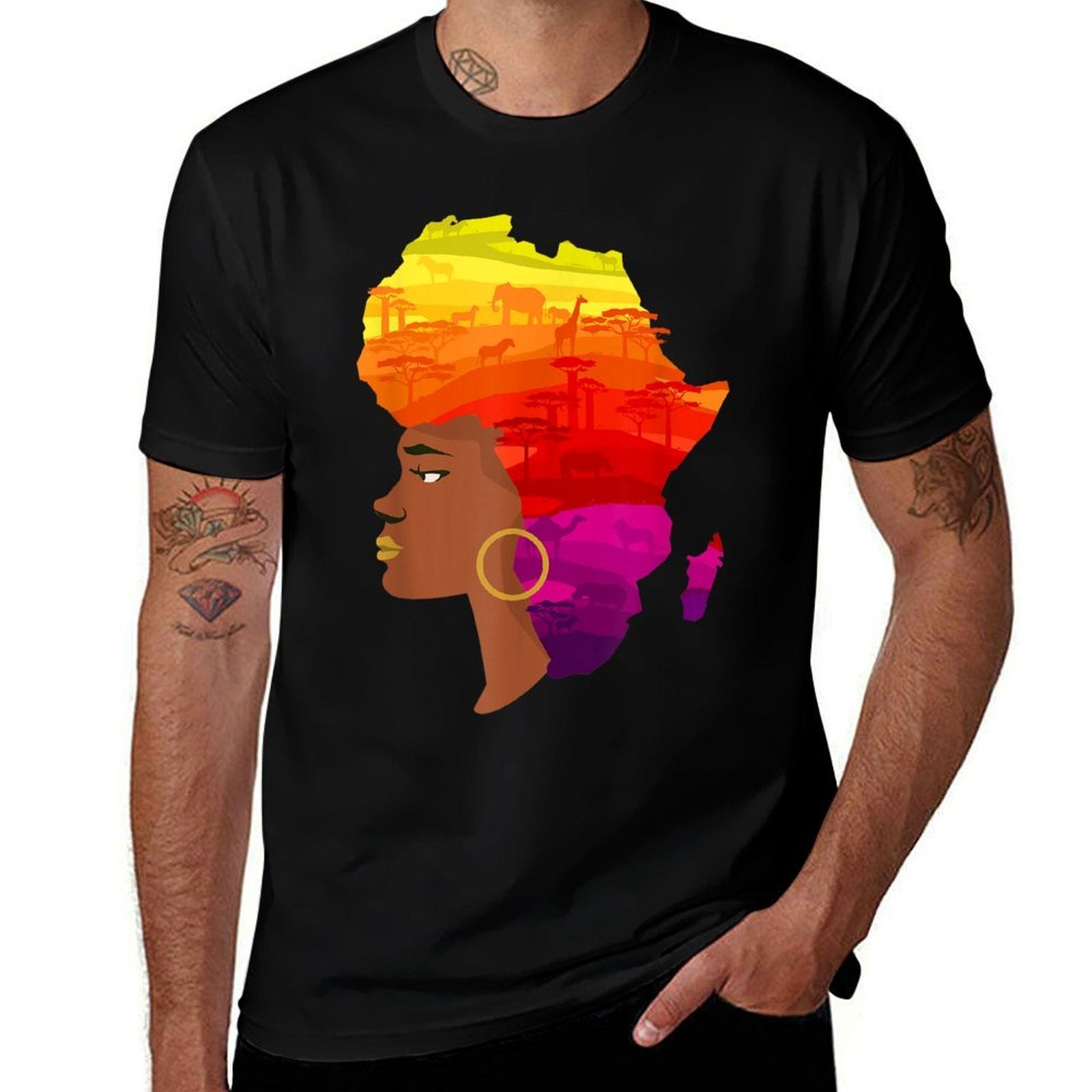 African American Women with Africa Map Hair Animal Landscape Comfortable T-Shirt