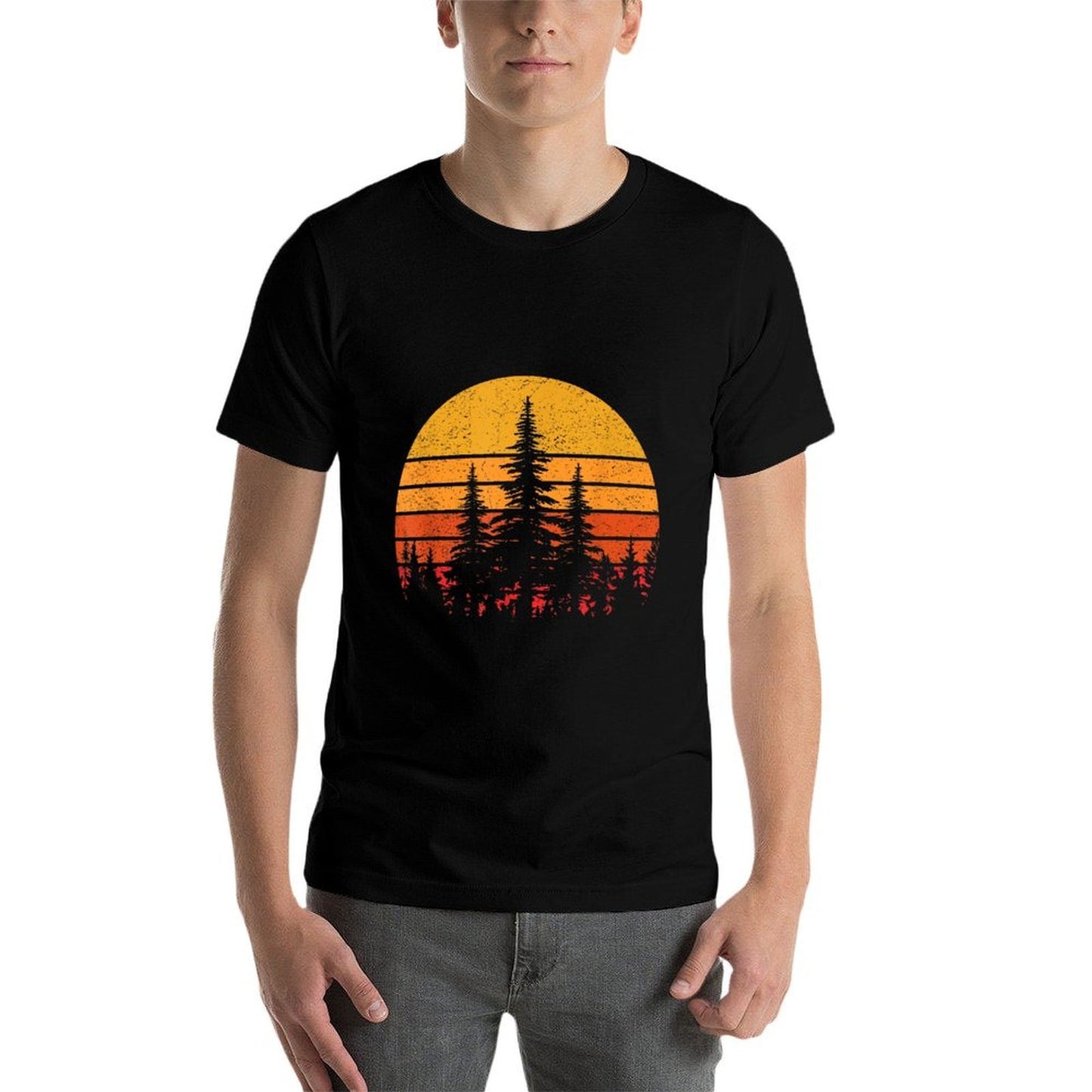 Retro Sun Minimalist Pine Trees Wildlife Nature Forest  Durable T-Shirt