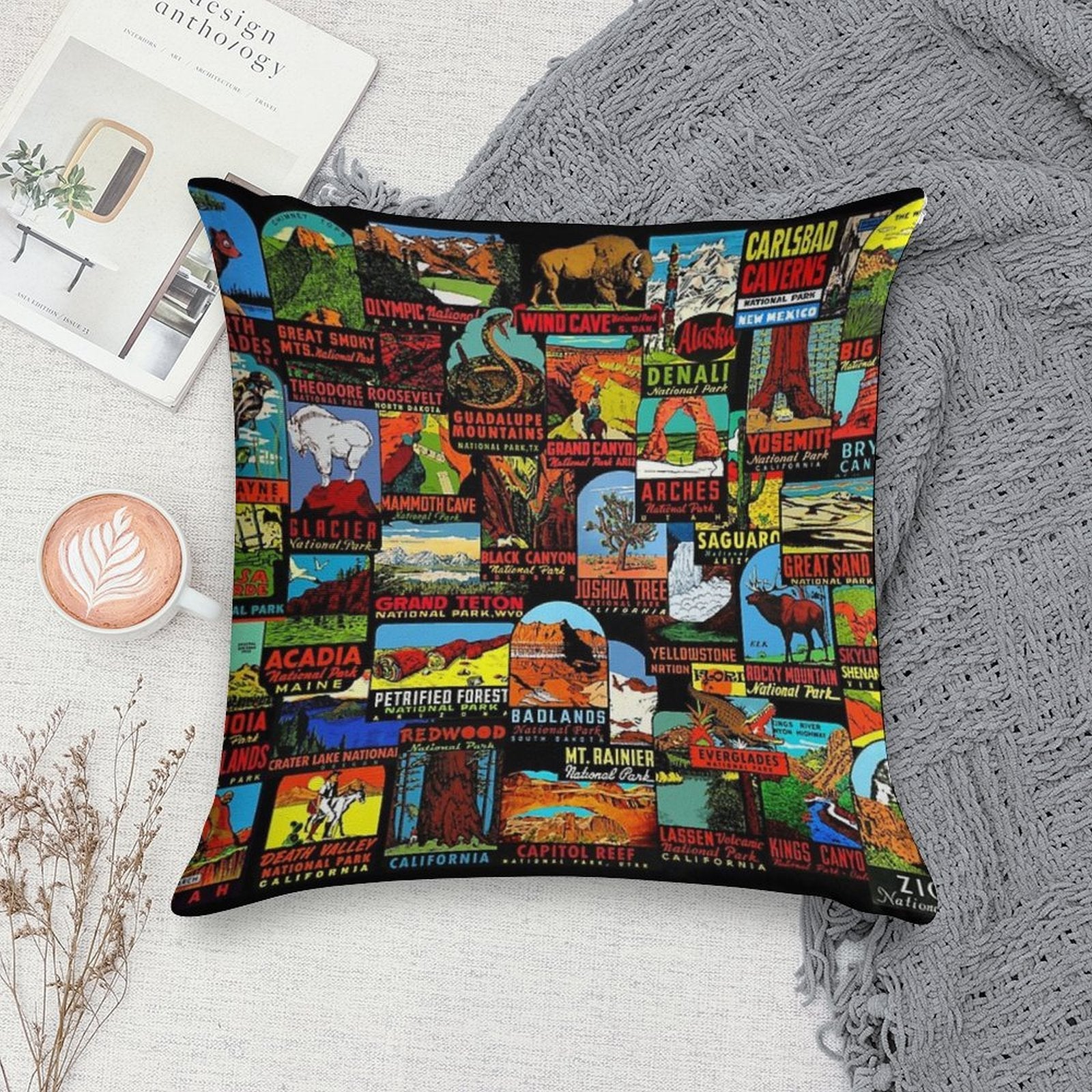 American National Parks Vintage Travel Decal Bomb Soft Short Plush Fabric Throw Pillow