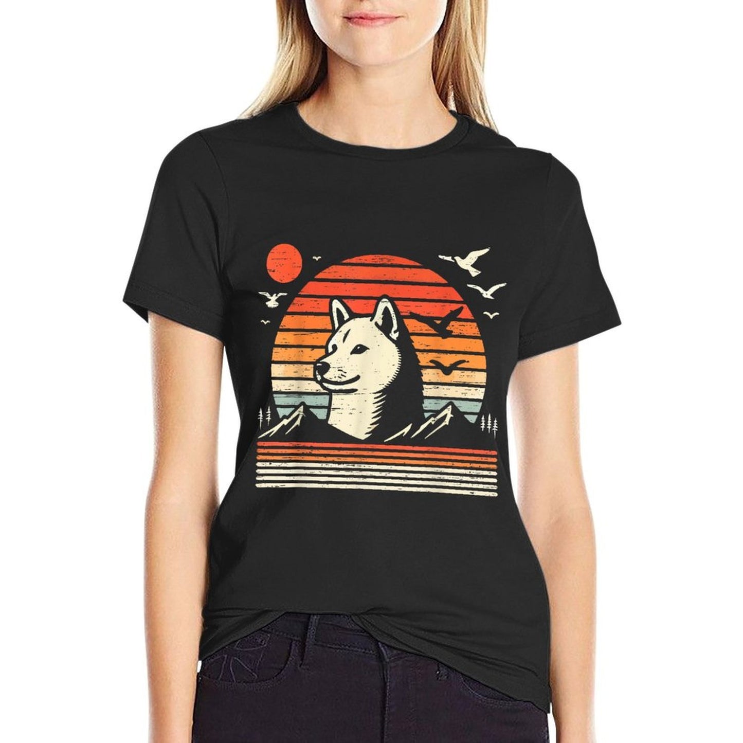 Vintage Shiba Inu Sunset Mountains Birds Moisture-wicking T-Shirt