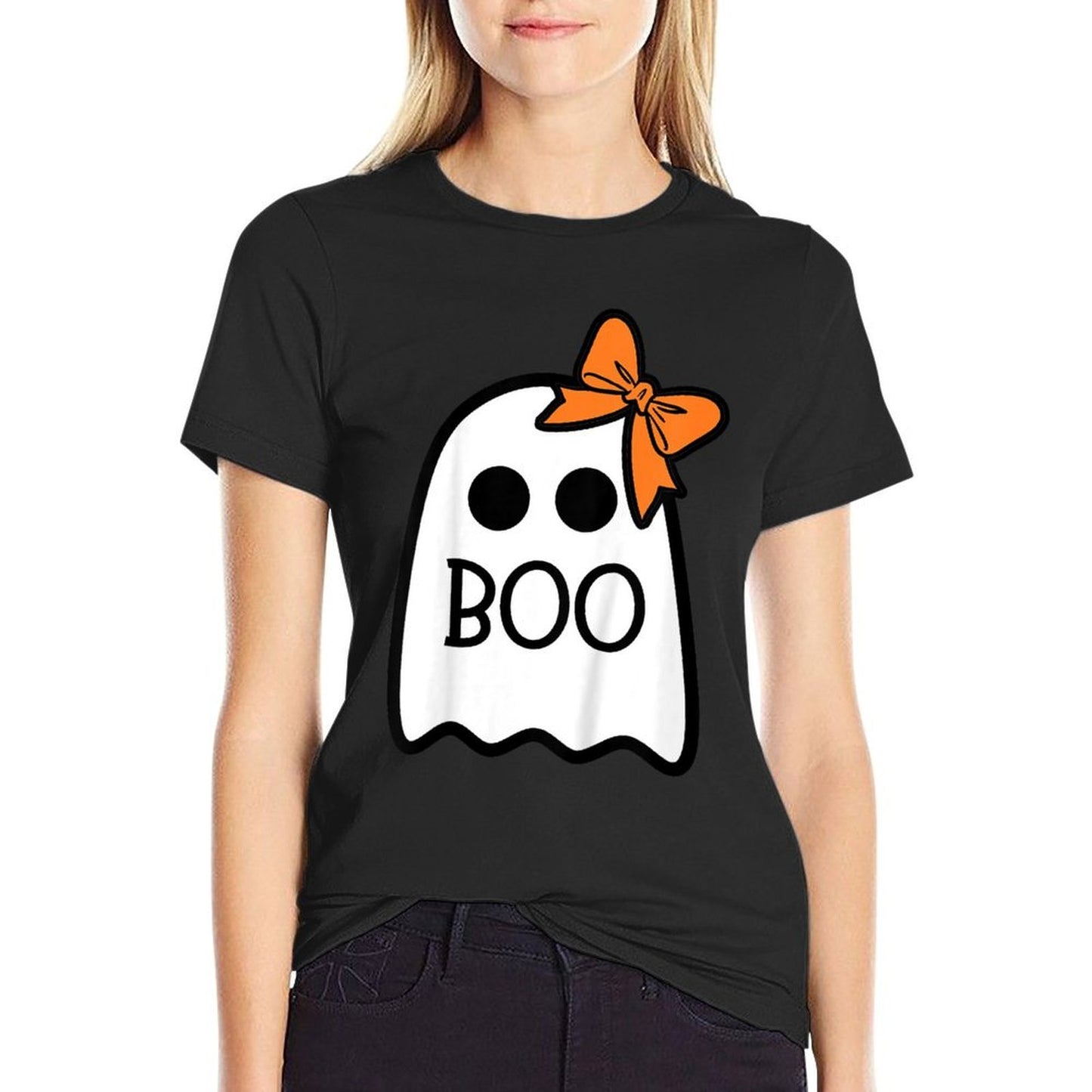 Toddler Ghost with Bow Boo Girls Halloween Ribbed Collar T-Shirt