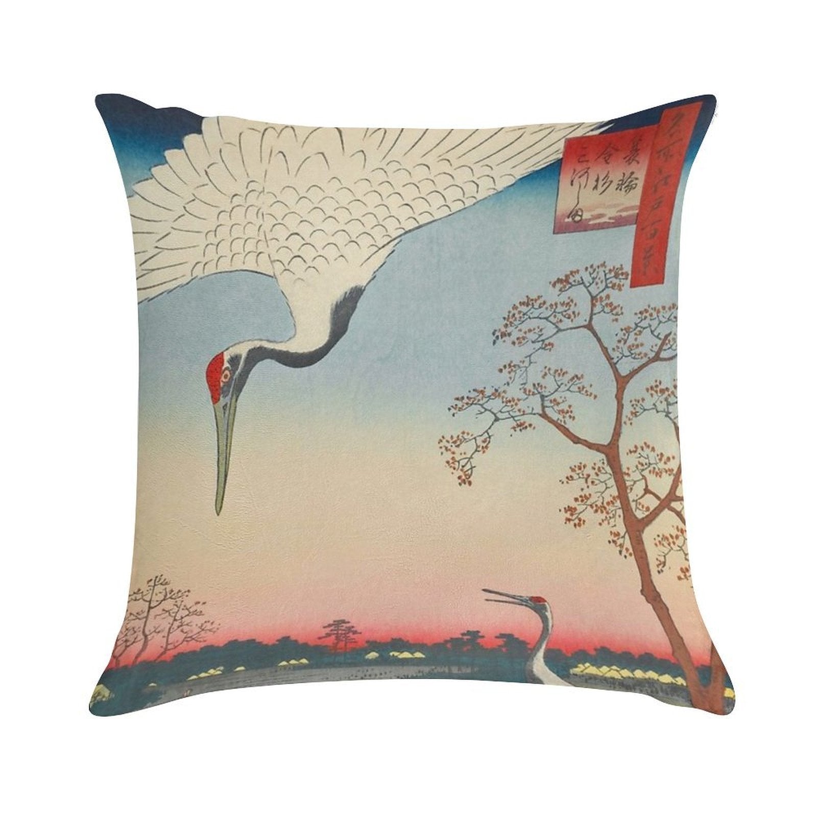 Red-crowned Crane Vintage Ukiyo-e Japanese Art Soft Short Plush Fabric Throw Pillow