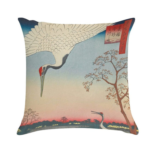 Red-crowned Crane Vintage Ukiyo-e Japanese Art Soft Short Plush Fabric Throw Pillow