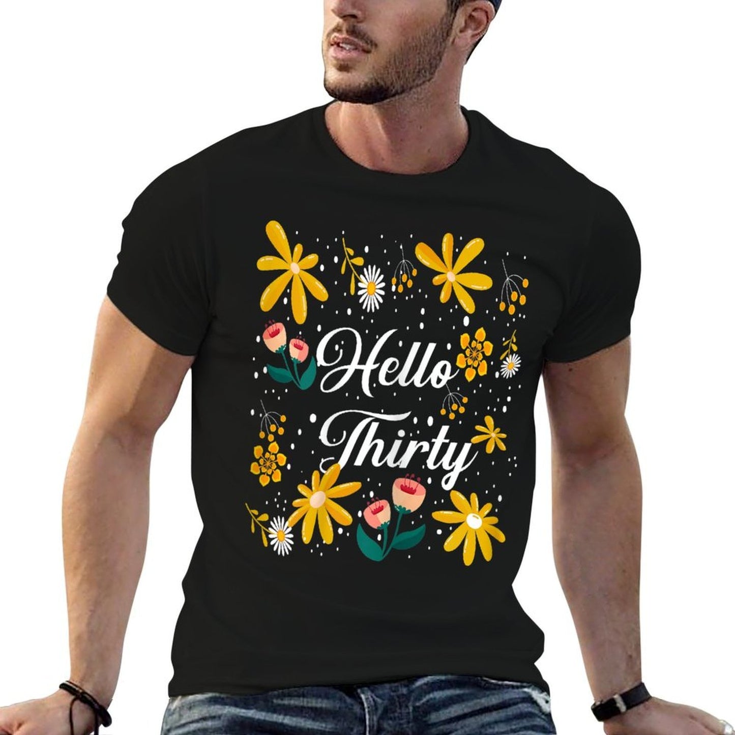Womens Hello 30 Colorful Floral 30th Birthday Polyester Blend T-Shirt