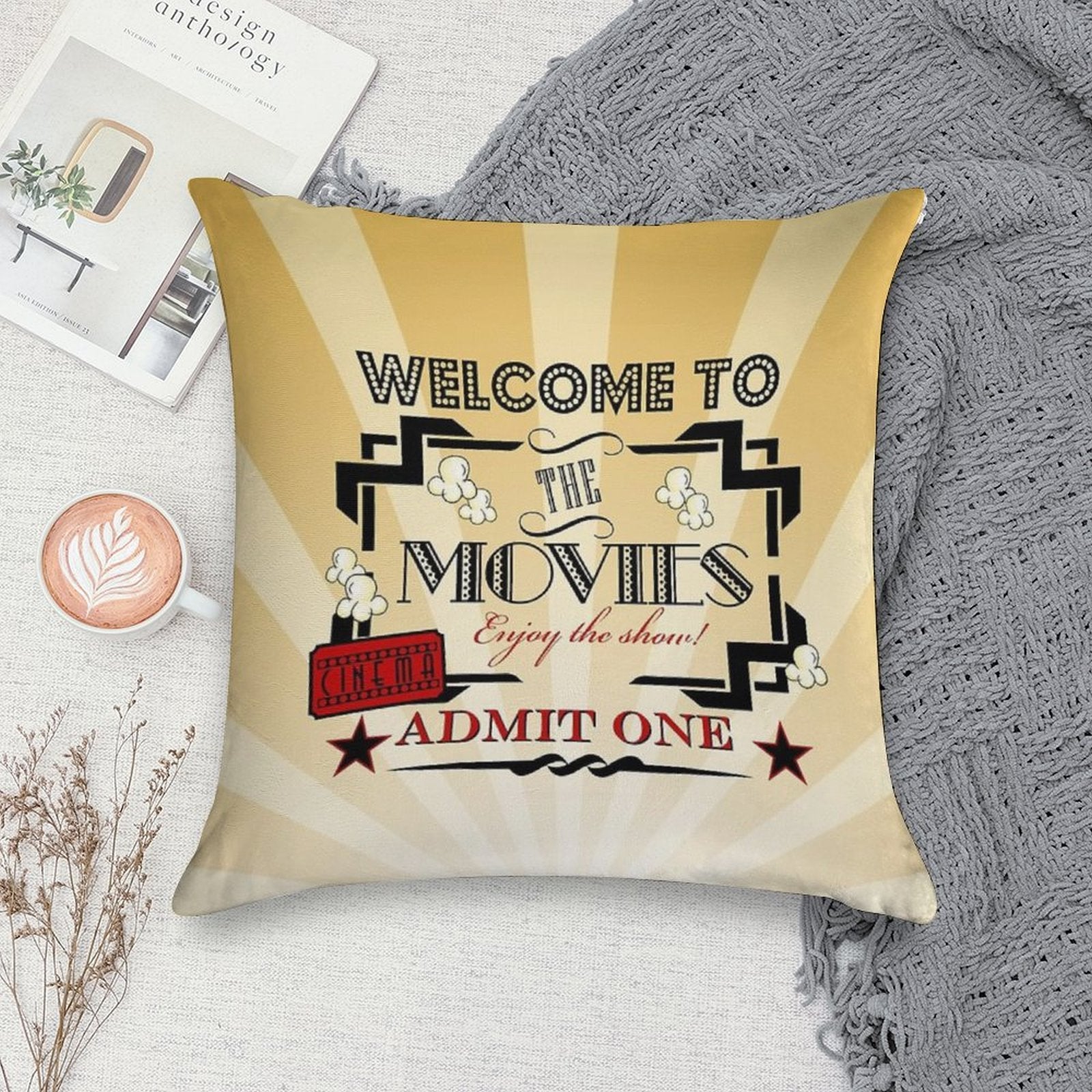 Movie Theater  Admit One Ticket  Cinema Pillow-Red Soft Anti-Pilling Throw Pillow