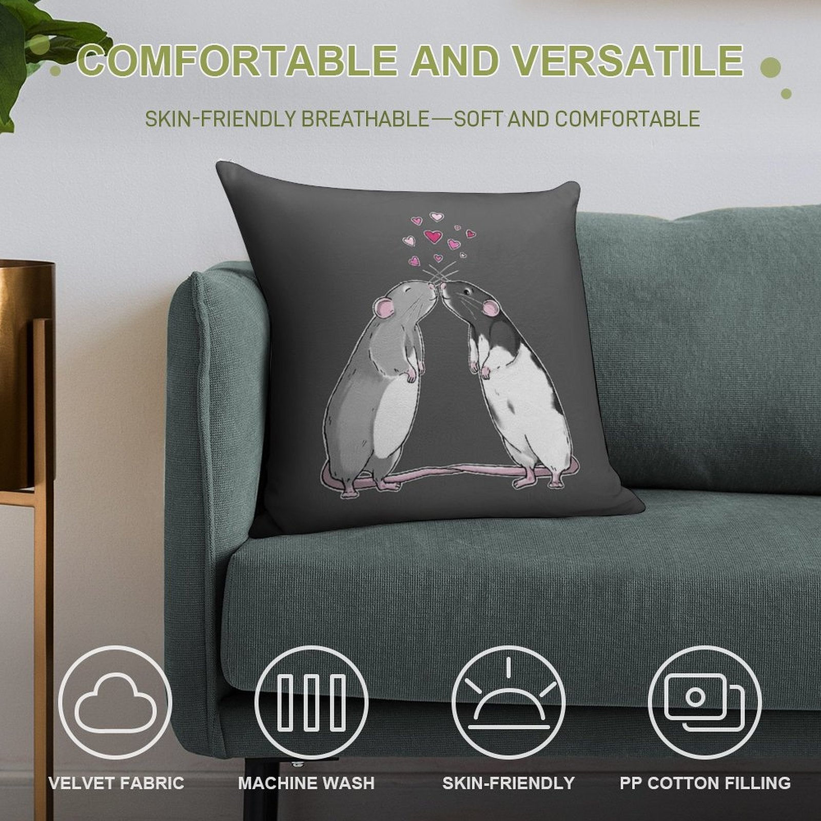 Rat Kisses (White Outline) Soft Washable Throw Pillow