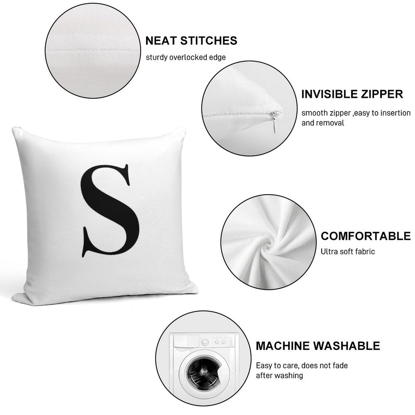 Letter S- Monogram Initial Soft Durable Construction Throw Pillow