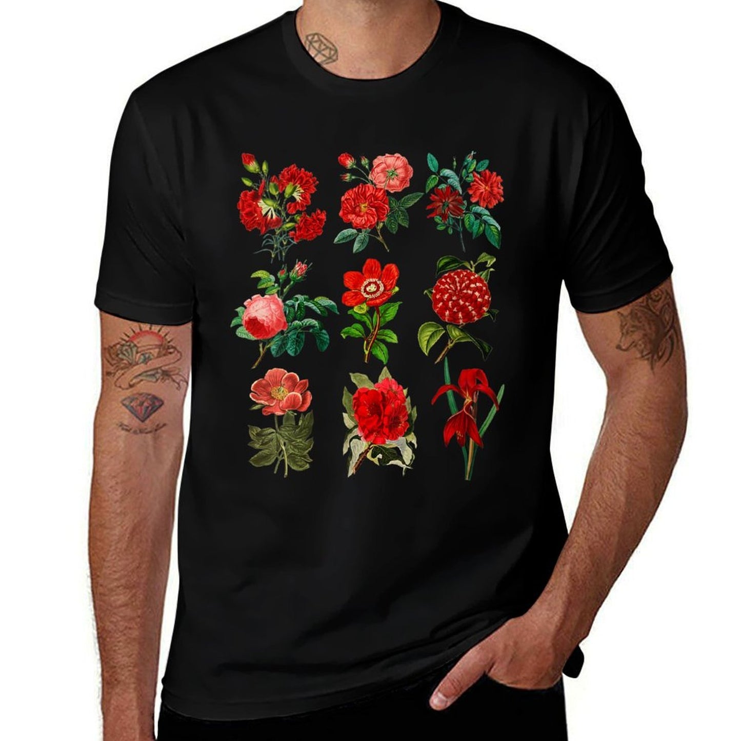 Womens Elegant Red Garden Flowers Vintage Botanical Affordable Price T-Shirt