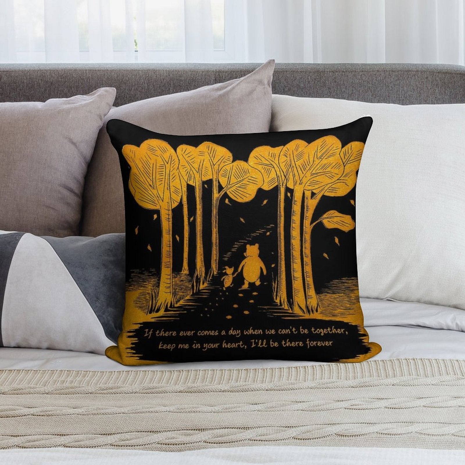 If There Ever Comes A Day When We Can't Be Together Winnie The Pooh And Piglet Linocut Black And Gold Soft Reinforced Edging Throw Pillow