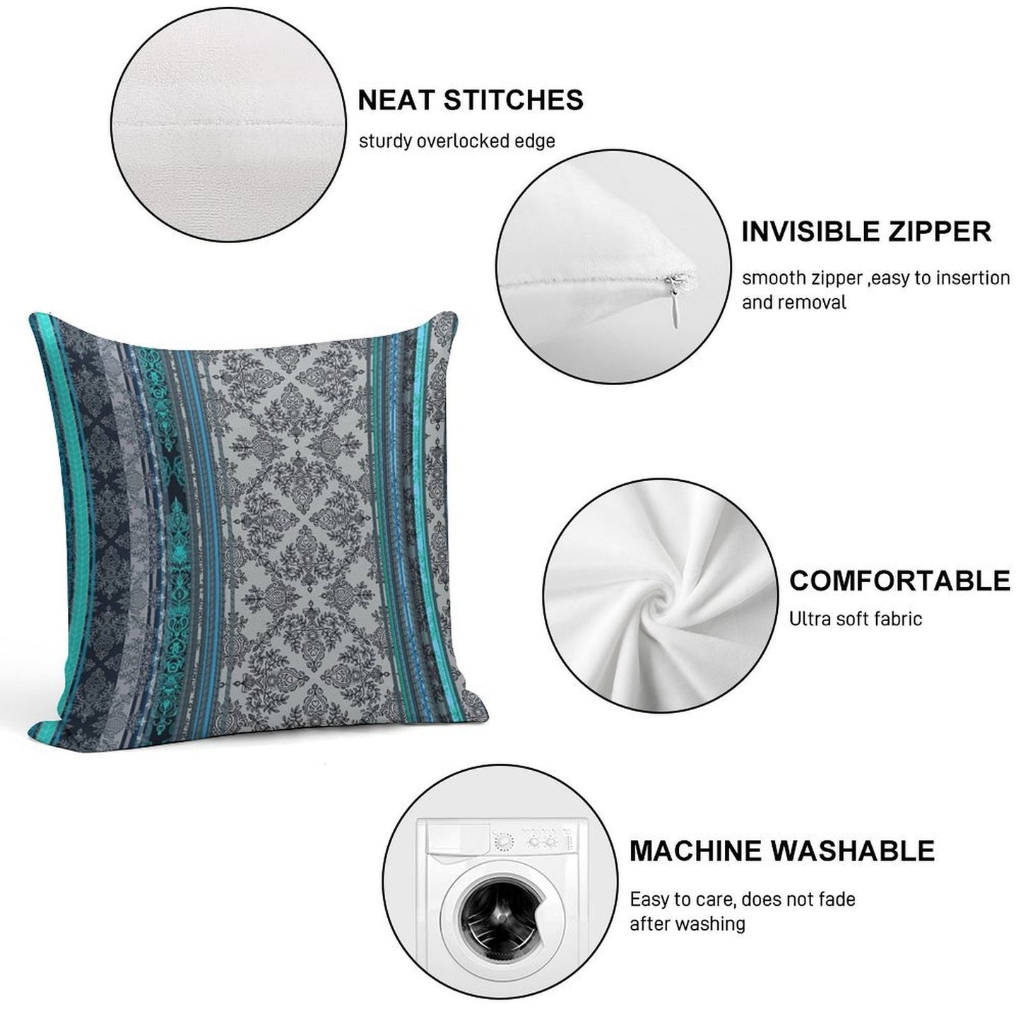 Teal, Aqua & Grey Vintage Bohemian Wallpaper Soft Skin-Friendly Throw Pillow