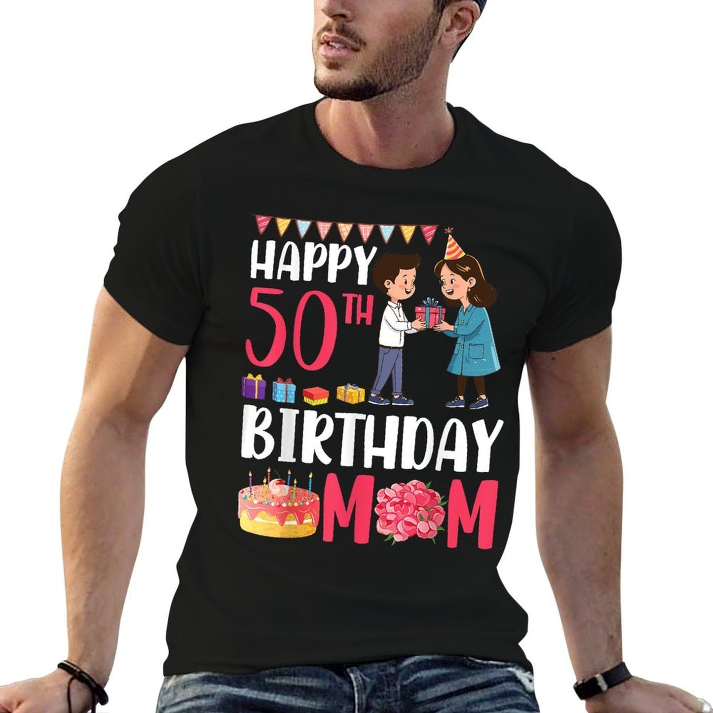 Son Happy 50th Birthday Mom With Presents Cake And Flowers Soft T-Shirt