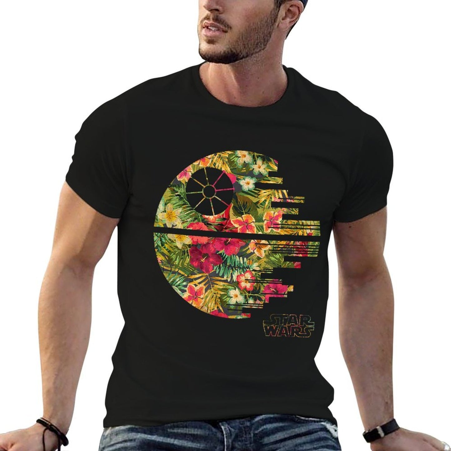 Star Wars Classic Death Star Silhouette Flower Portrait Heathered Texture T-Shirt