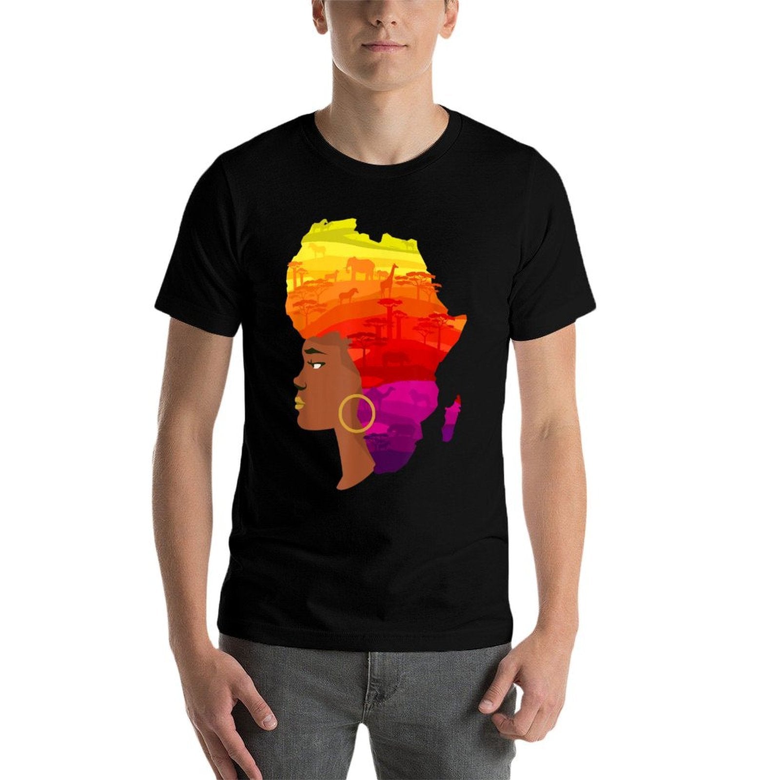 African American Women with Africa Map Hair Animal Landscape Comfortable T-Shirt