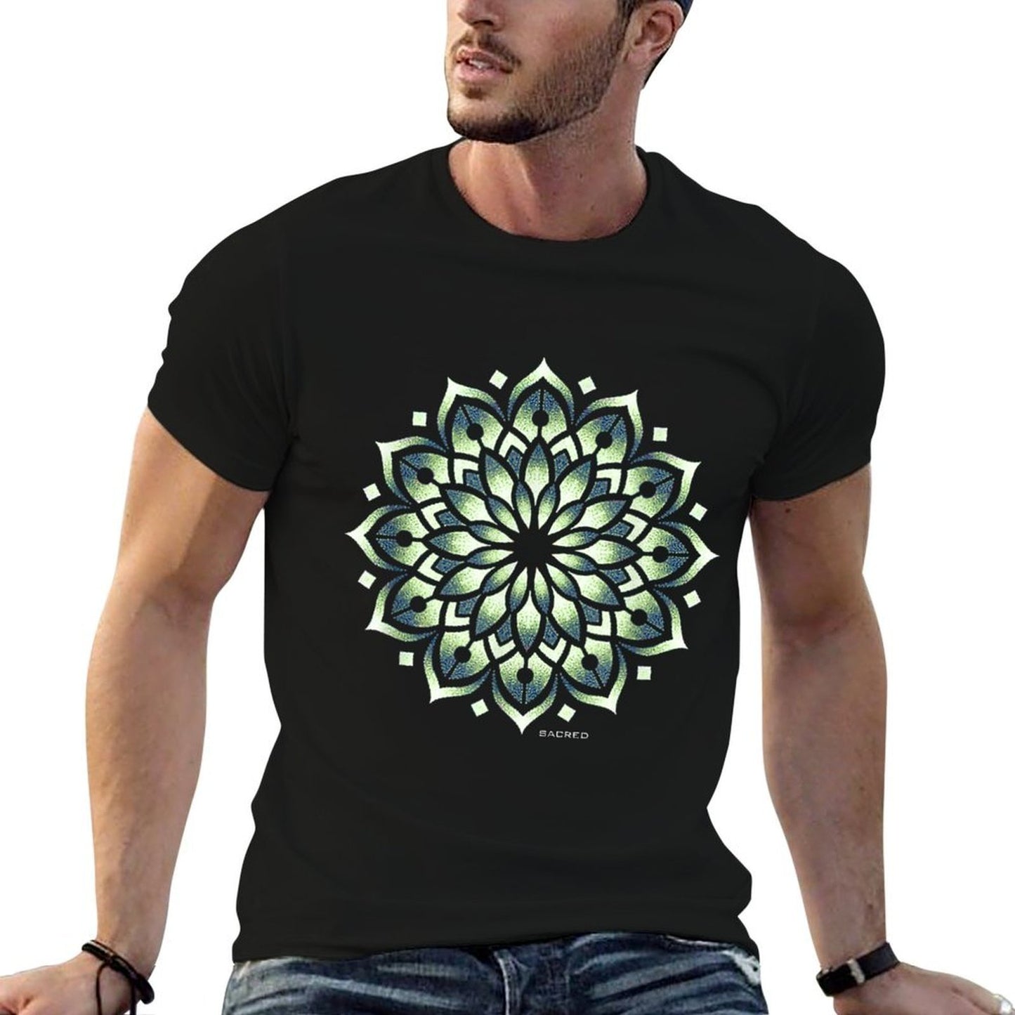Sacred Geometry Green Chakra Hue Dotwork Mandala Breathable T-Shirt