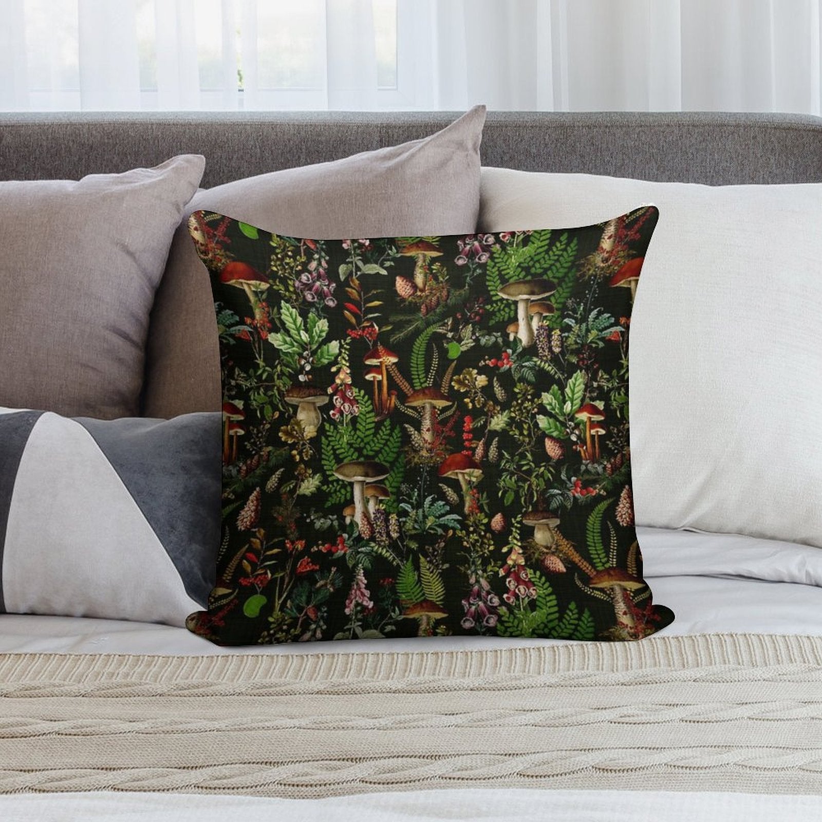 Vintage Mushrooms Forest Botanical Pattern - Black Botanical Night Garden Nightgarden Soft Anti-Pilling Throw Pillow