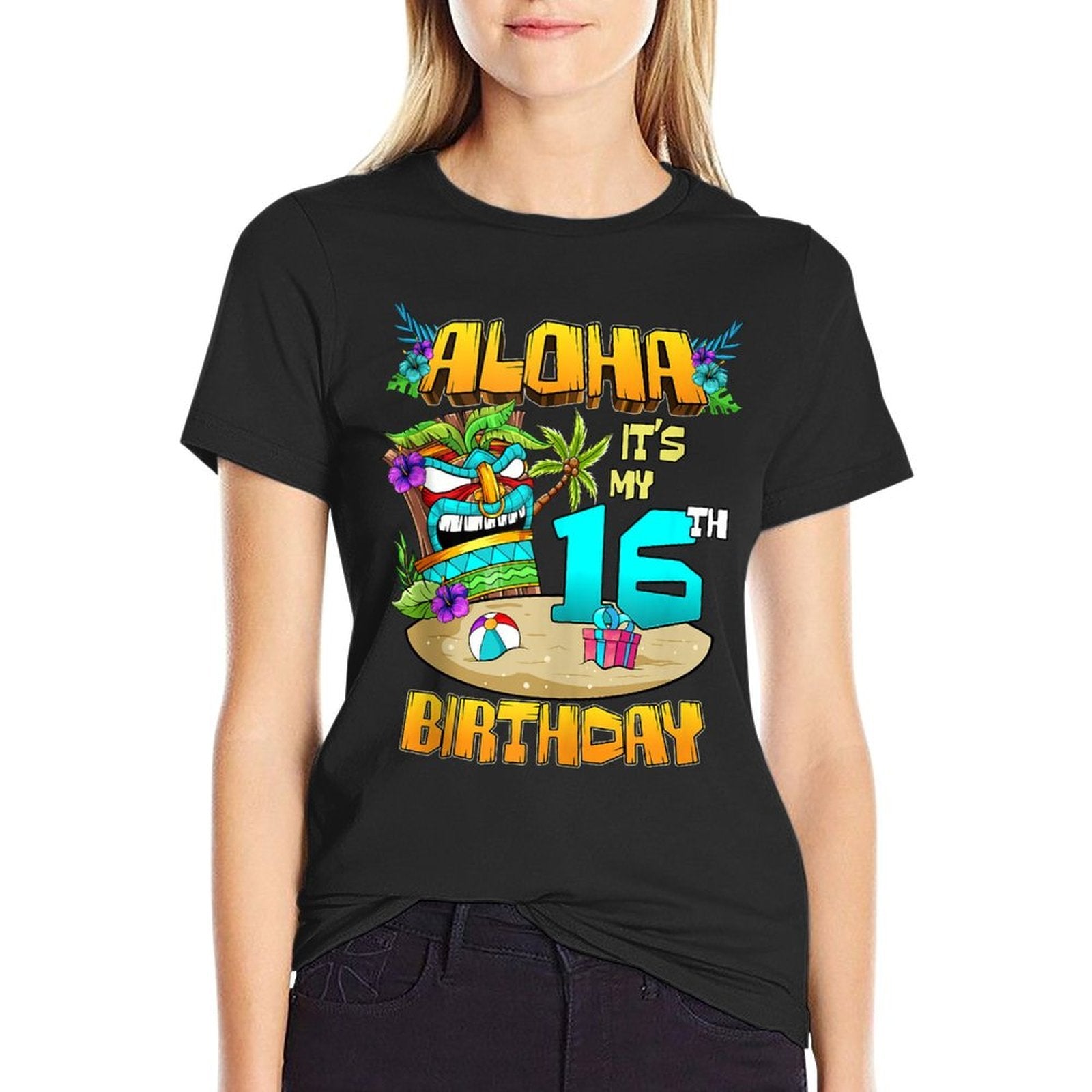 Aloha 16th Birthday Hawaii Tiki Hawaiian Theme 16 Years Old  High-quality Stitching T-Shirt
