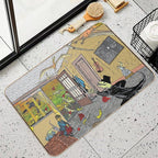 A Tuxedoed Dinosaur Helps Evict Rowdy Party-goers.  Odorless Bath Mat