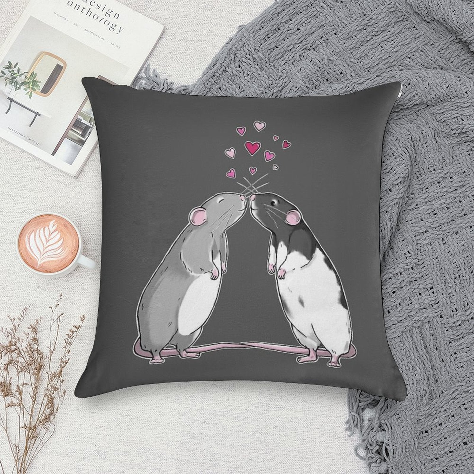 Rat Kisses (White Outline) Soft Washable Throw Pillow