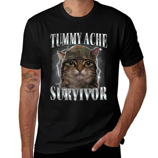 Tummy Ache Survivor Cat Meme Funny Saying Cats Animals Men Women  Polyester Blend T-Shirt