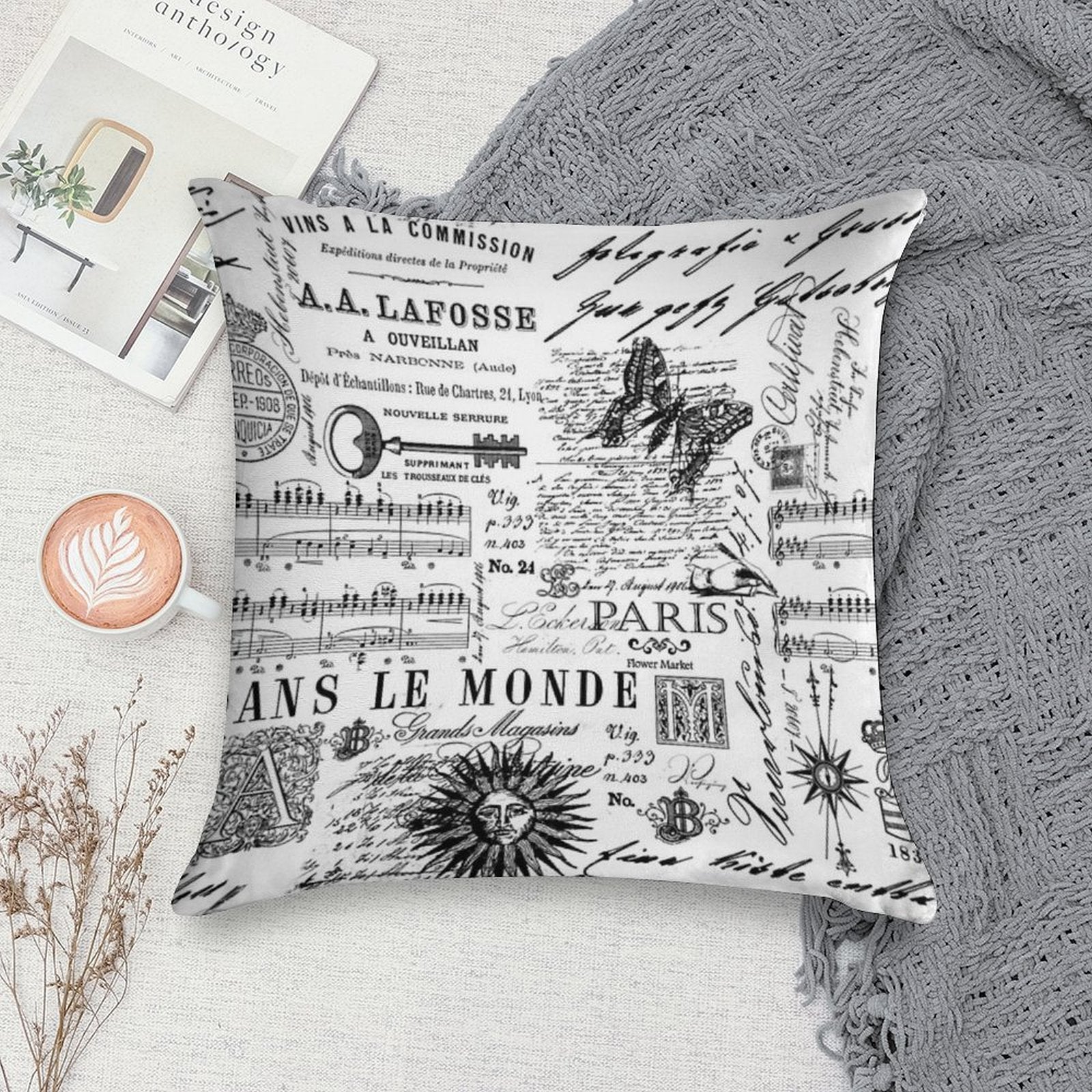 Black And White Vintage Handlettering And Ornaments Script Pattern Soft Gift Ready Throw Pillow